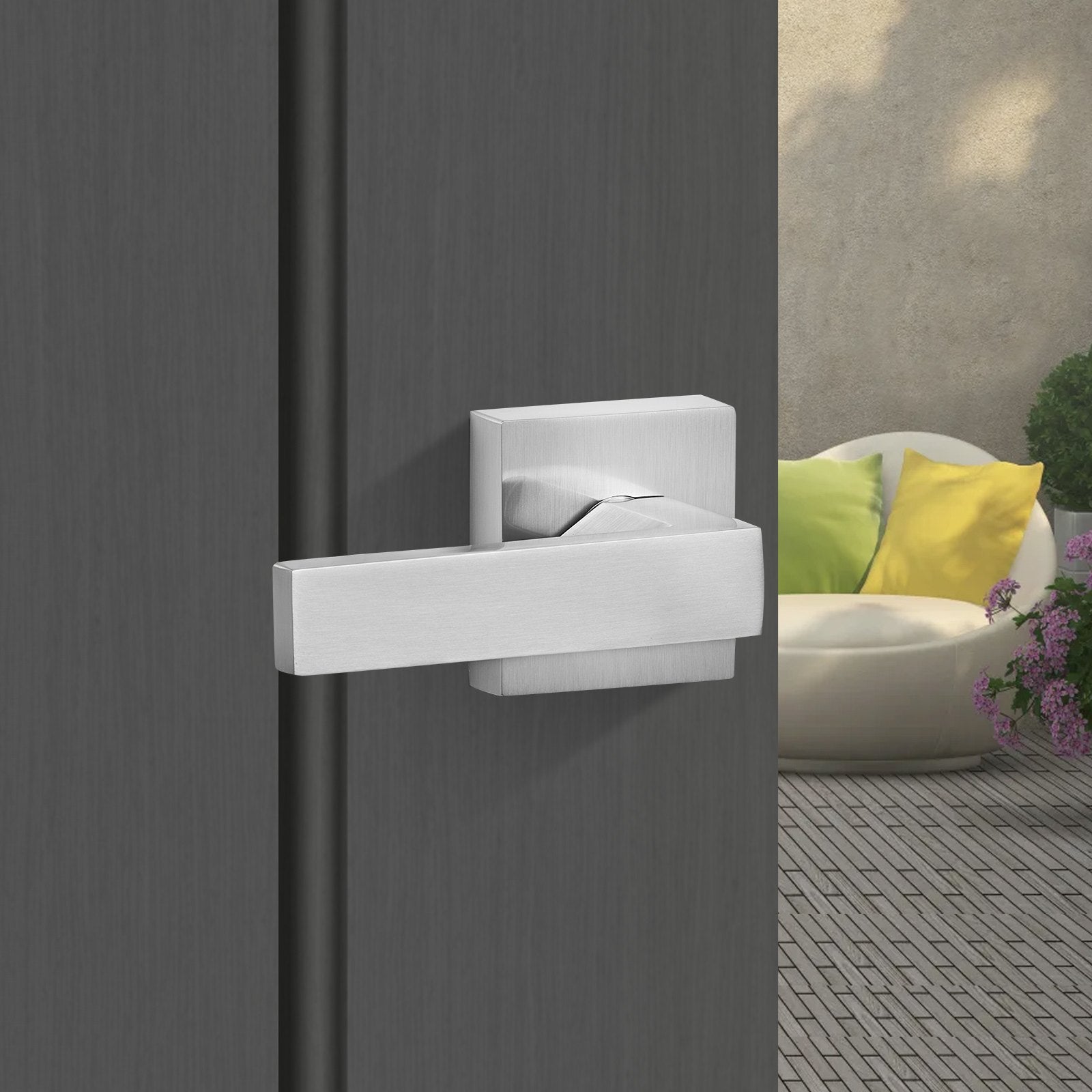 Door Hardware: VEVOR Entry Door Handle, Satin Nickel Square Handle Set with Lever Door Handle No Lock, Adjustable Hole Space, Front Door Handle with Reversible for Right and Left Handed Entrance and Front Door