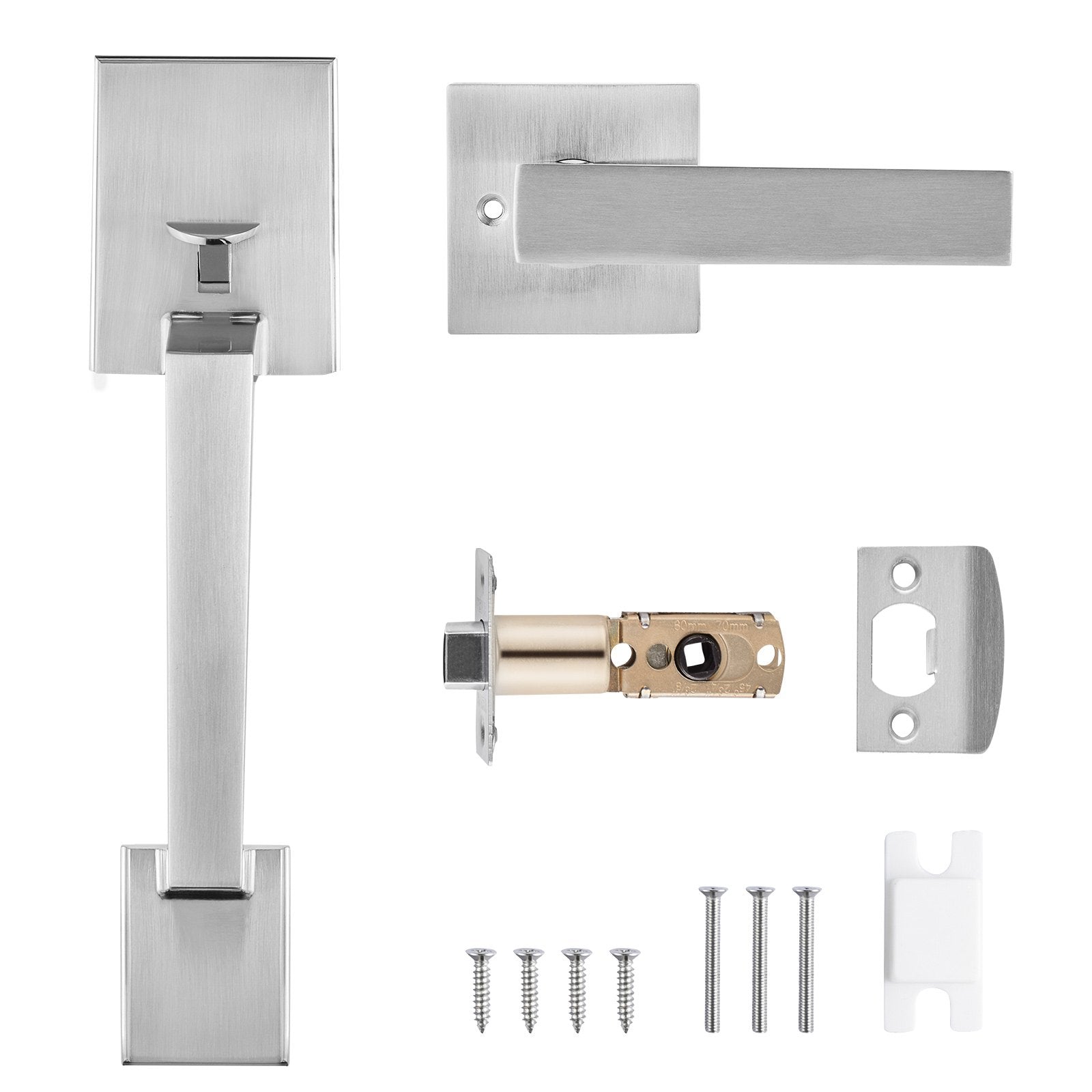 Door Hardware: VEVOR Entry Door Handle, Satin Nickel Square Handle Set with Lever Door Handle No Lock, Adjustable Hole Space, Front Door Handle with Reversible for Right and Left Handed Entrance and Front Door