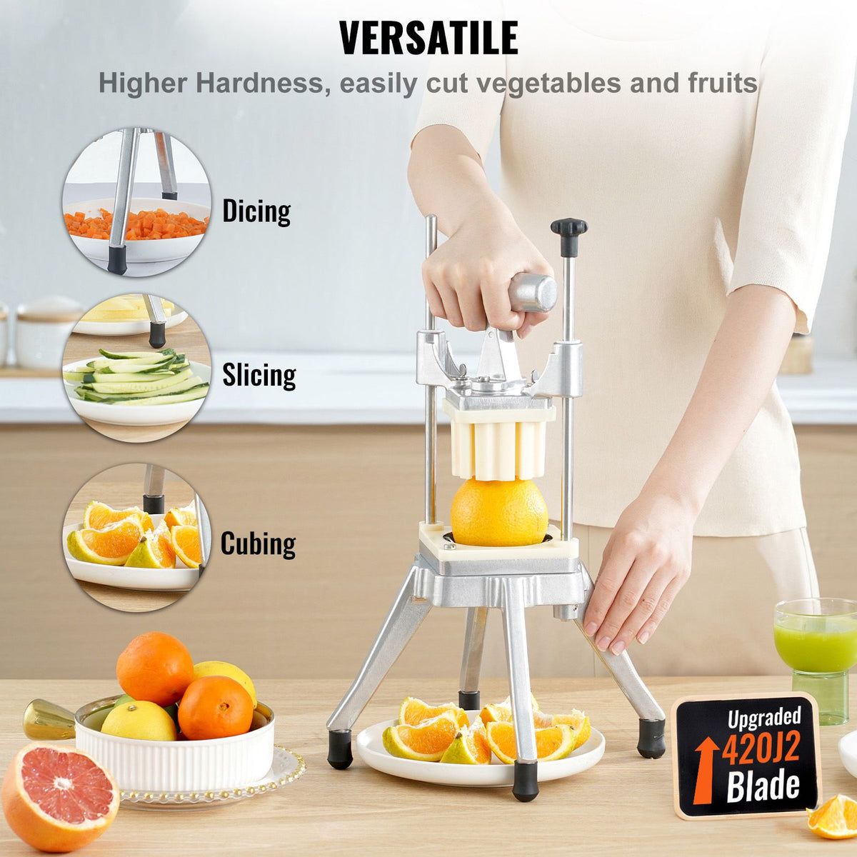 Commercial Vegetable Fruit Chopper, Stainless Steel French Fry Cutter with 4 Blades 1/4" 3/8" 1/2", 6-wedge Slicer, Chopper Dicer with Tray, Heavy Duty Cutter for Potato Tomato Onion Mushroom