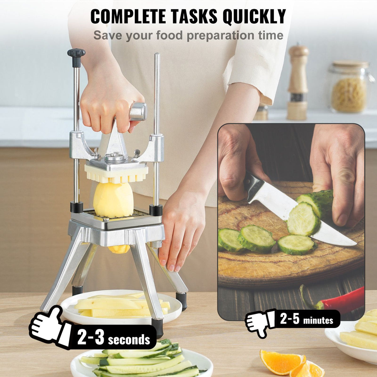 Commercial Vegetable Fruit Chopper, Stainless Steel French Fry Cutter with 4 Blades 1/4" 3/8" 1/2", 6-wedge Slicer, Chopper Dicer with Tray, Heavy Duty Cutter for Potato Tomato Onion Mushroom
