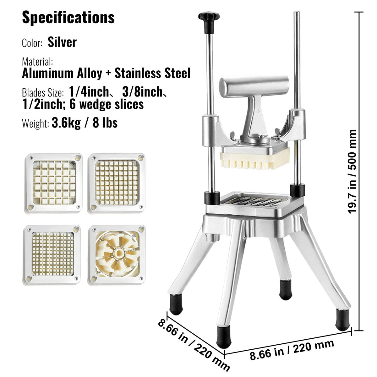 Commercial Vegetable Fruit Chopper, Stainless Steel French Fry Cutter with 4 Blades 1/4" 3/8" 1/2", 6-wedge Slicer, Chopper Dicer with Tray, Heavy Duty Cutter for Potato Tomato Onion Mushroom