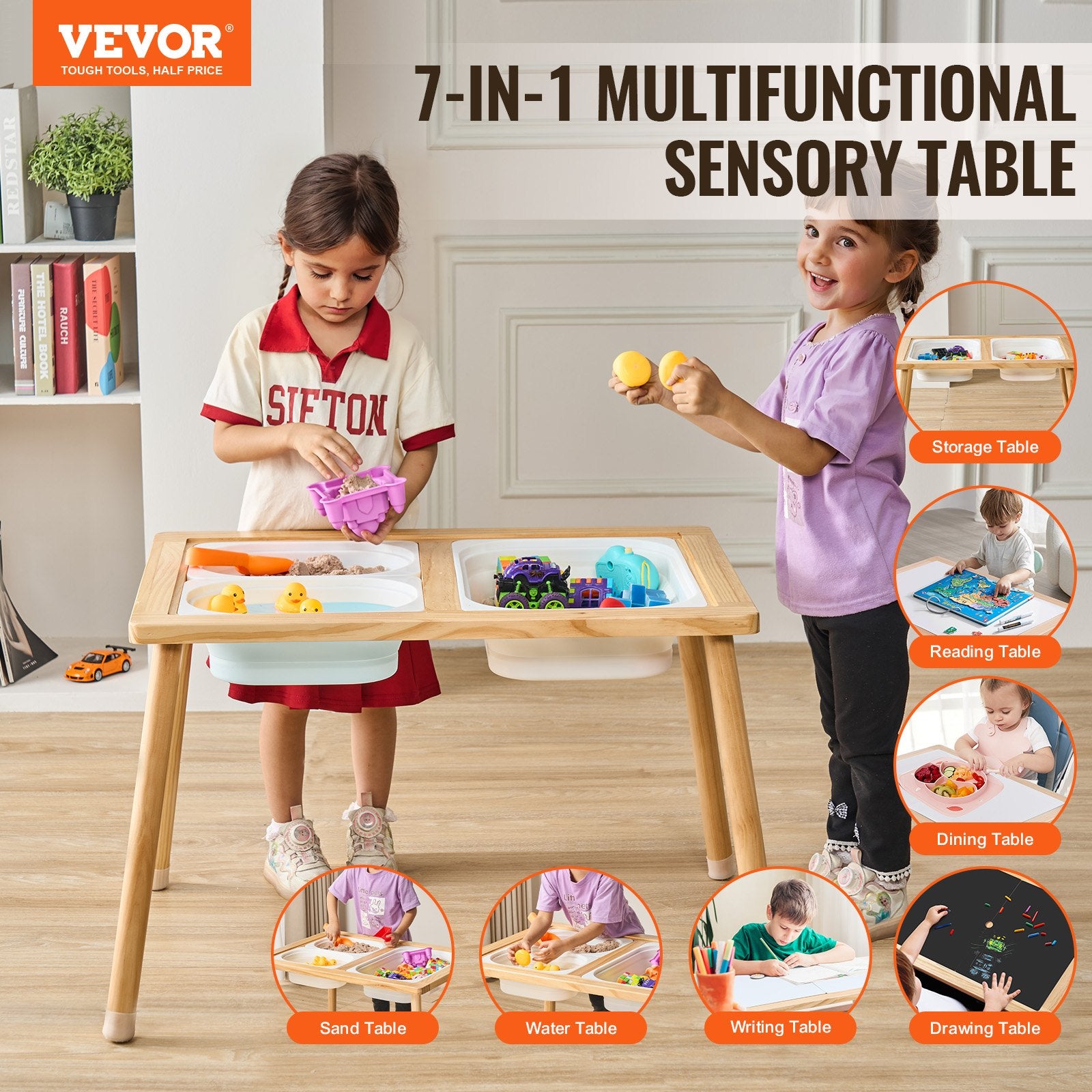 Outdoor Play Equipment: VEVOR Kids Sensory Table Indoor Wooden Play Sand Water Table with 3 Storage Bins