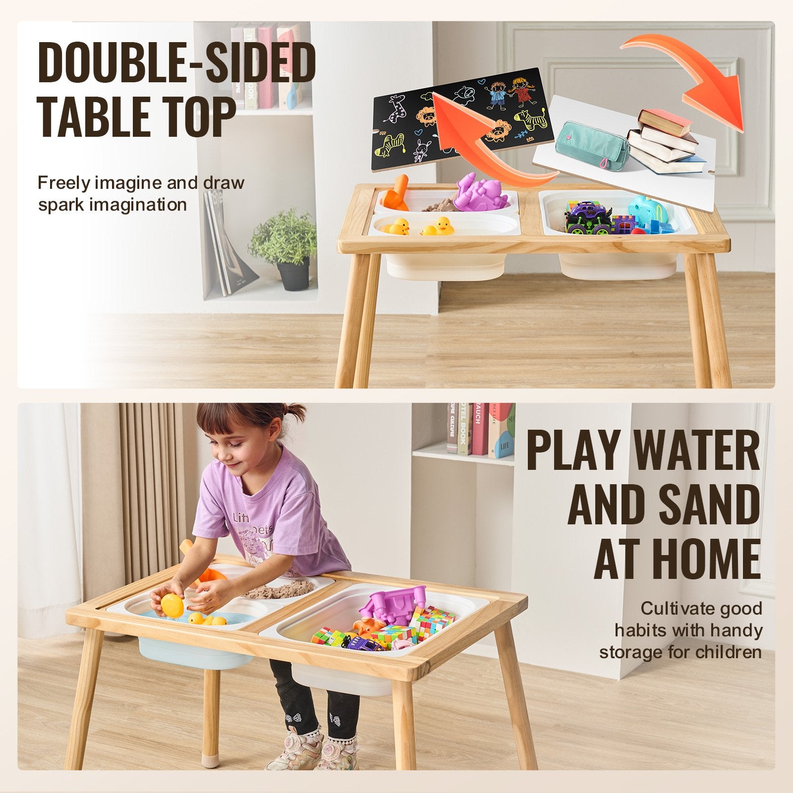 Outdoor Play Equipment: VEVOR Kids Sensory Table Indoor Wooden Play Sand Water Table with 3 Storage Bins