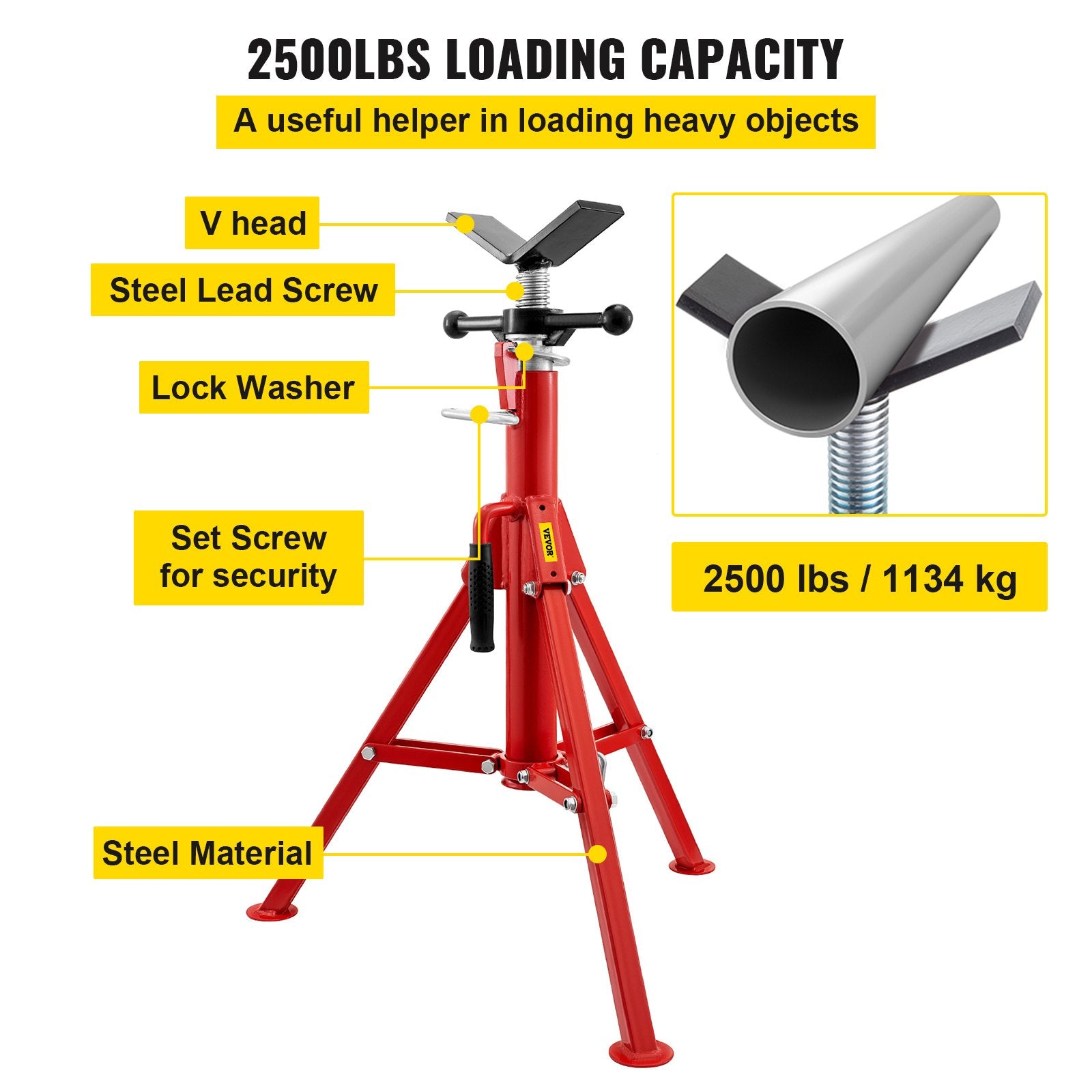 V Head Pipe Stand 1/8-12 inch Capacity, Adjustable Height 28-52 inch, Pipe Stands 2500 lbs Load Capacity, Portable Folding Pipe Stands, Carbon Steel Body More Durable
