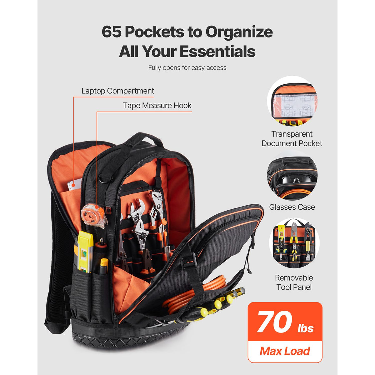 Tool Backpack with Tools, 65 Pockets, Heavy-duty Tools Storage Organizer Bags with Laptop Compartment & Molded Base, Electrician Jobsite Backpack for Electrician, Repairman, and HVAC Techs