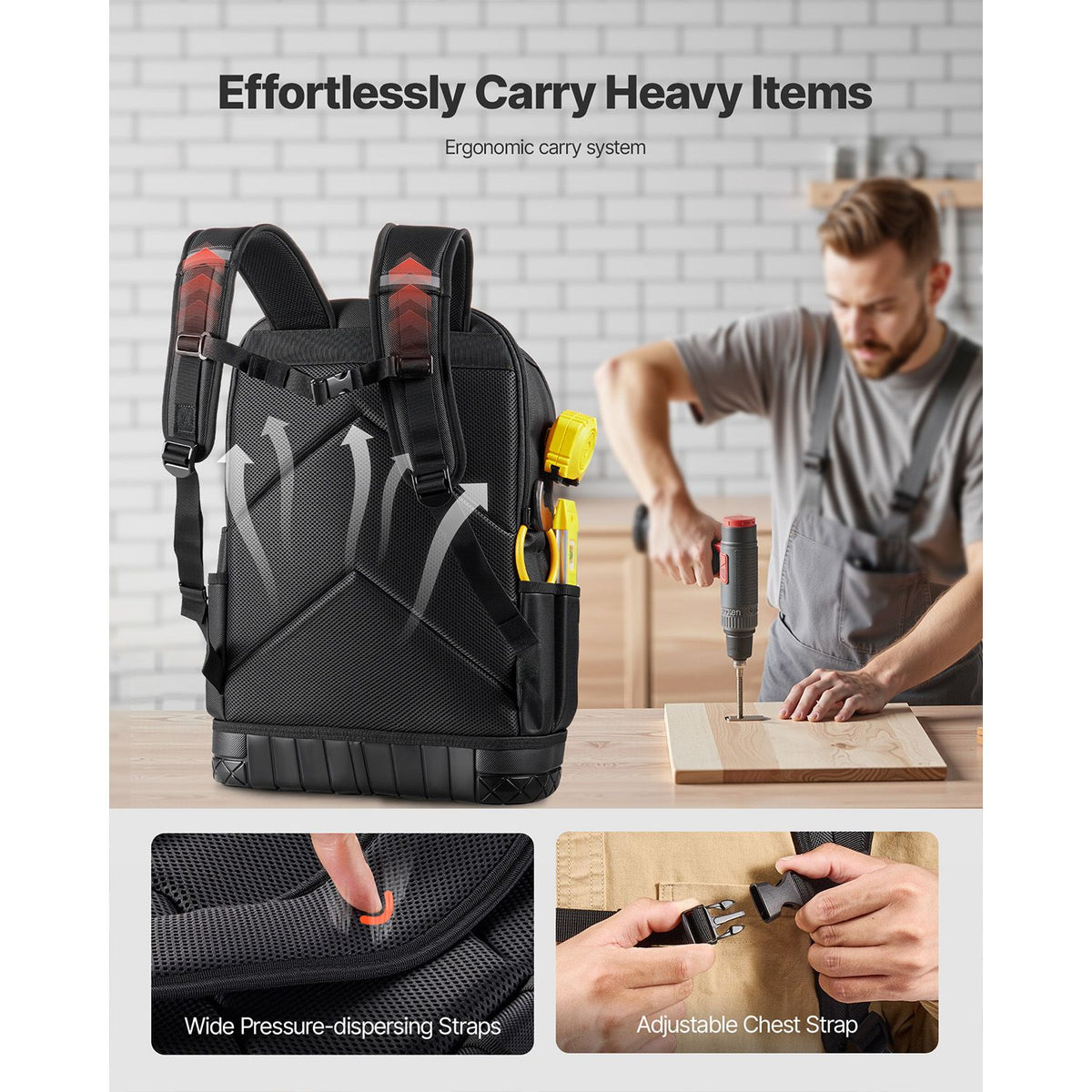 Tool Backpack with Tools, 65 Pockets, Heavy-duty Tools Storage Organizer Bags with Laptop Compartment & Molded Base, Electrician Jobsite Backpack for Electrician, Repairman, and HVAC Techs