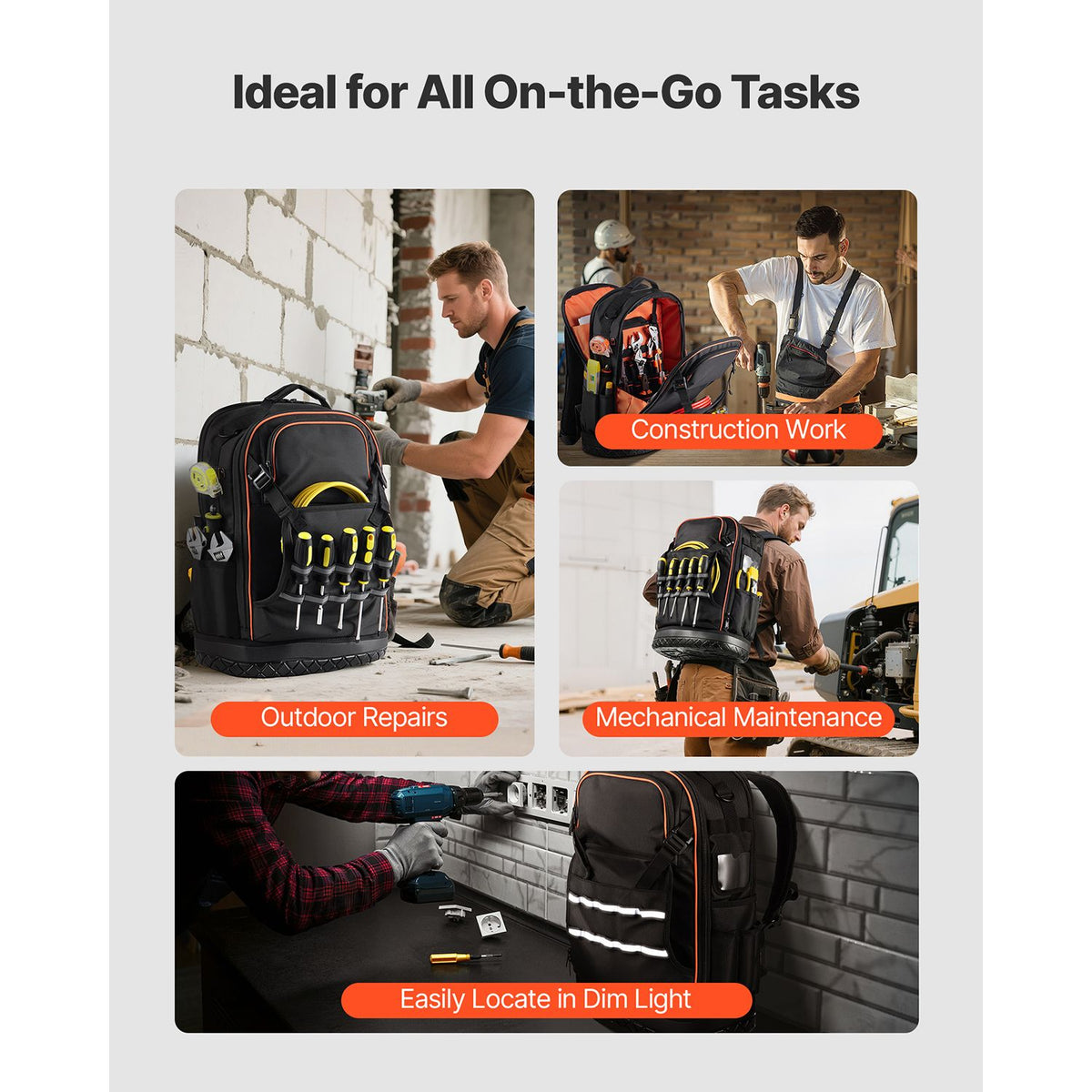 Tool Backpack with Tools, 65 Pockets, Heavy-duty Tools Storage Organizer Bags with Laptop Compartment & Molded Base, Electrician Jobsite Backpack for Electrician, Repairman, and HVAC Techs