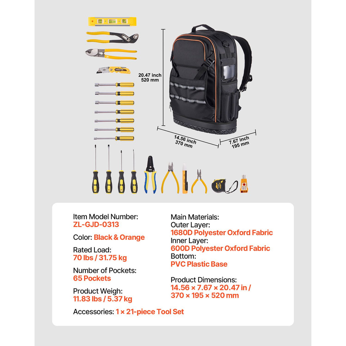Tool Backpack with Tools, 65 Pockets, Heavy-duty Tools Storage Organizer Bags with Laptop Compartment & Molded Base, Electrician Jobsite Backpack for Electrician, Repairman, and HVAC Techs