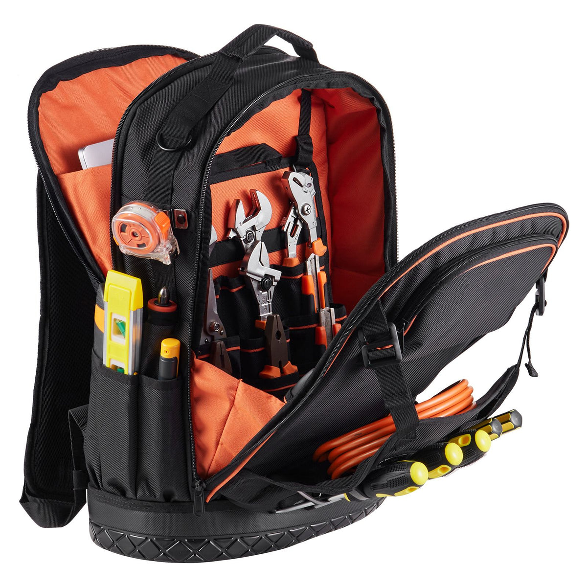 Tool Backpack with Tools, 65 Pockets, Heavy-duty Tools Storage Organizer Bags with Laptop Compartment & Molded Base, Electrician Jobsite Backpack for Electrician, Repairman, and HVAC Techs