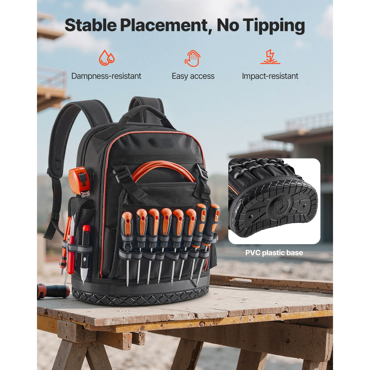 Tool Backpack, 64 Pockets, Heavy-duty Tools Storage Organizer Work Bags with Laptop Compartment & Molded Base, Electrician Jobsite Backpack for Electrician, Repairman, and HVAC Techs