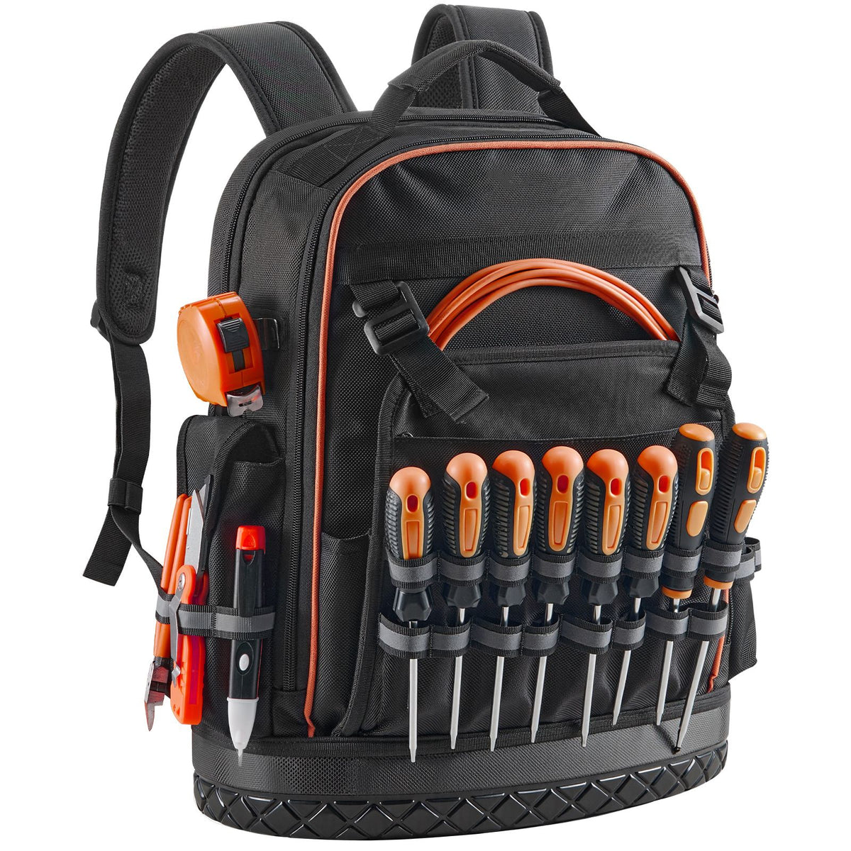 Tool Backpack, 64 Pockets, Heavy-duty Tools Storage Organizer Work Bags with Laptop Compartment & Molded Base, Electrician Jobsite Backpack for Electrician, Repairman, and HVAC Techs