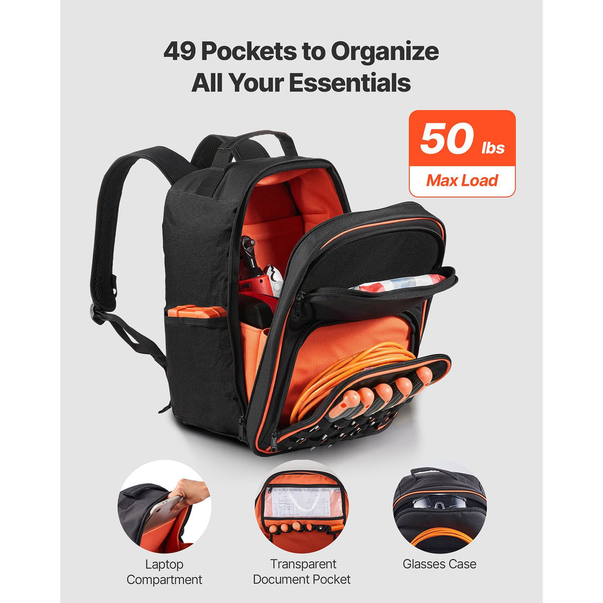 Tool Backpack, 49 Pockets, Heavy-duty Tools Storage Organizer Work Bags with Laptop Compartment & Reinforced Fabric Base, Electrician Jobsite Backpack for Electrician, Repairman