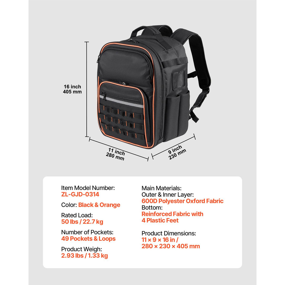 Tool Backpack, 49 Pockets, Heavy-duty Tools Storage Organizer Work Bags with Laptop Compartment & Reinforced Fabric Base, Electrician Jobsite Backpack for Electrician, Repairman