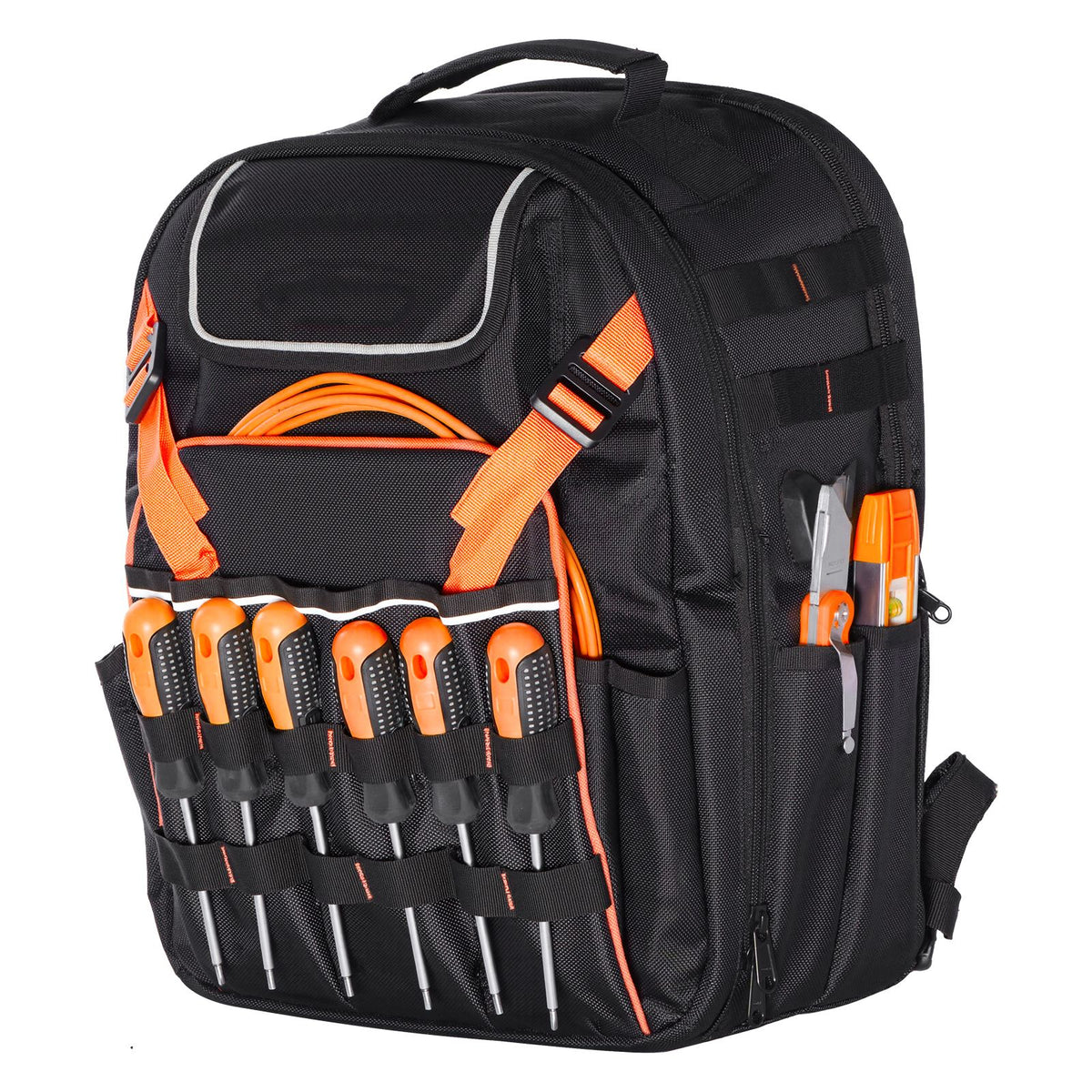 Tool Backpack, 45 Pockets, Heavy-duty Tools Storage Organizer Work Bags with Laptop Compartment & Reinforced Fabric Basee, Electrician Jobsite Backpack for Electrician, Repairman