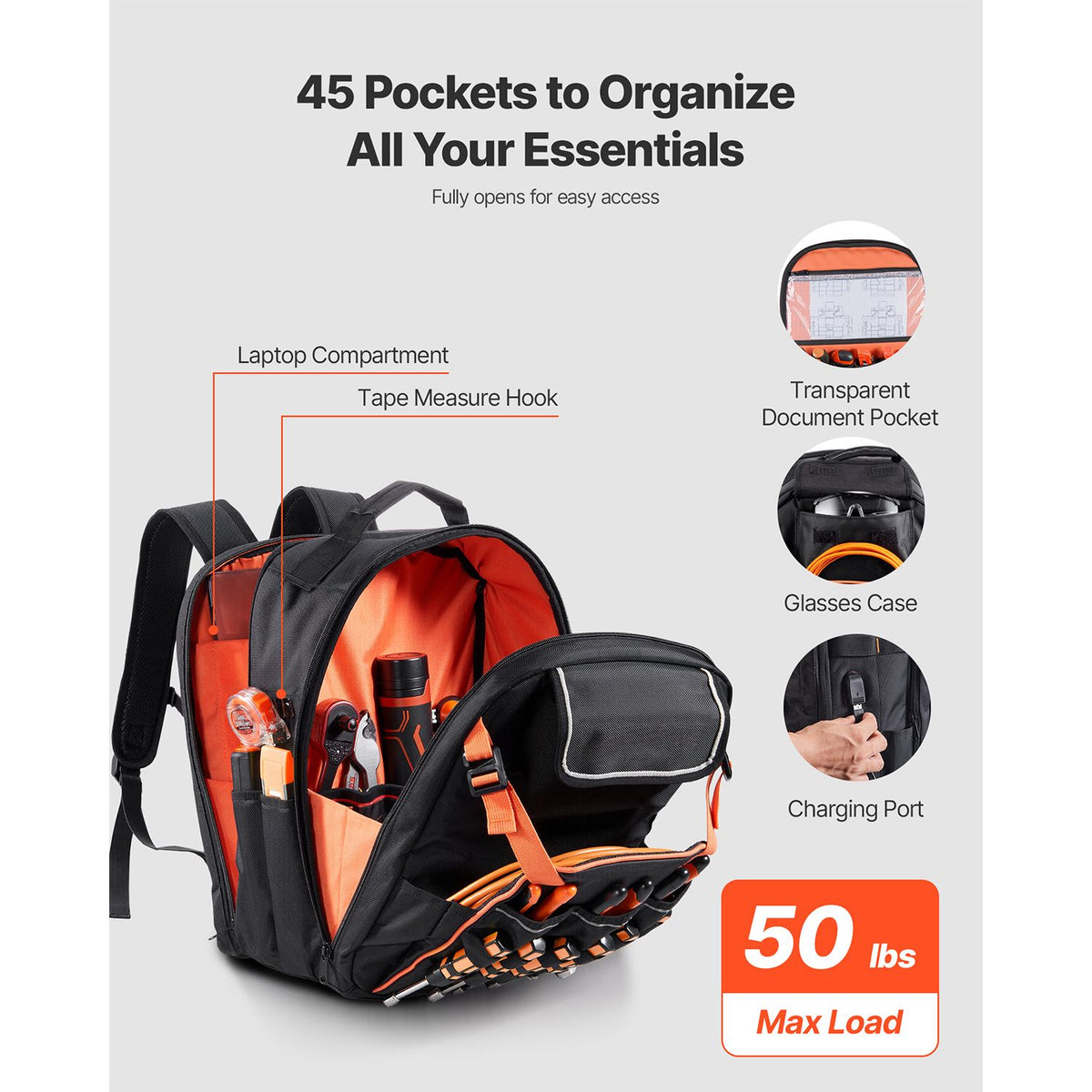 Tool Backpack, 45 Pockets, Heavy-duty Tools Storage Organizer Work Bags with Laptop Compartment & Reinforced Fabric Basee, Electrician Jobsite Backpack for Electrician, Repairman
