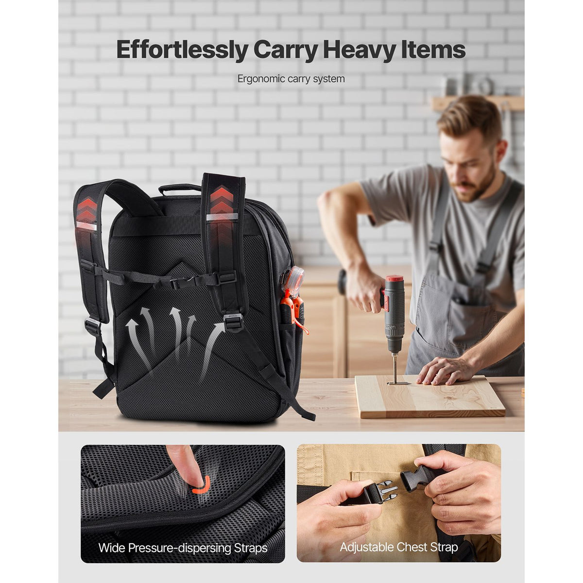 Tool Backpack, 45 Pockets, Heavy-duty Tools Storage Organizer Work Bags with Laptop Compartment & Reinforced Fabric Basee, Electrician Jobsite Backpack for Electrician, Repairman