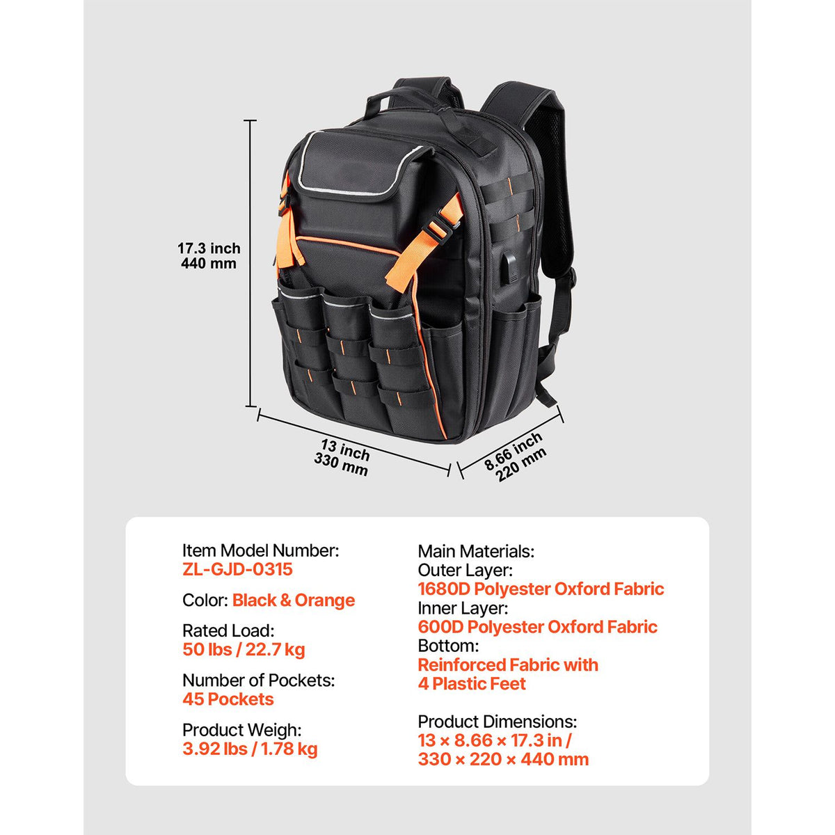 Tool Backpack, 45 Pockets, Heavy-duty Tools Storage Organizer Work Bags with Laptop Compartment & Reinforced Fabric Basee, Electrician Jobsite Backpack for Electrician, Repairman