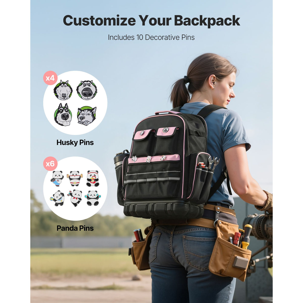 Tool Backpack, 56 Pockets, Heavy-duty Tools Storage Organizer Work Bags with Laptop Compartment & Molded Base, Electrician Jobsite Backpack for Electrician, Repairman, and HVAC Techs