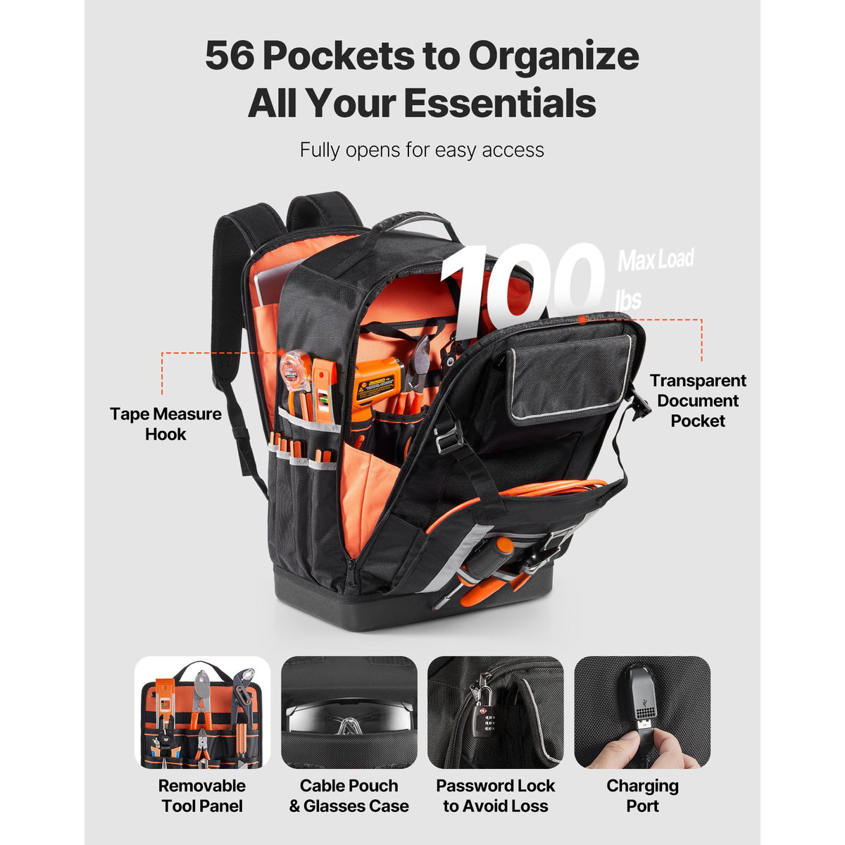 Tool Backpack, 56 Pockets, Heavy-duty Tools Storage Organizer Bags with Molded Base, Electrician Jobsite Backpack for Construction Jobsite, Electrician, Industrial, Repairman, and HVAC Techs