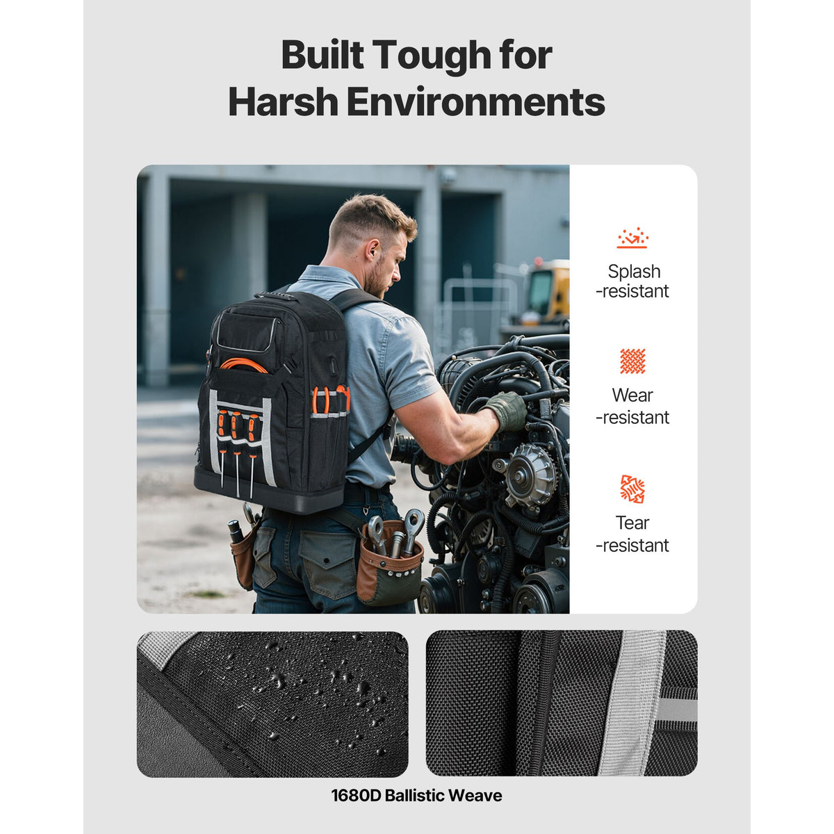 Tool Backpack, 56 Pockets, Heavy-duty Tools Storage Organizer Bags with Molded Base, Electrician Jobsite Backpack for Construction Jobsite, Electrician, Industrial, Repairman, and HVAC Techs