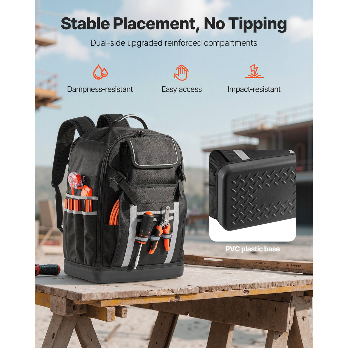 Tool Backpack, 56 Pockets, Heavy-duty Tools Storage Organizer Bags with Molded Base, Electrician Jobsite Backpack for Construction Jobsite, Electrician, Industrial, Repairman, and HVAC Techs