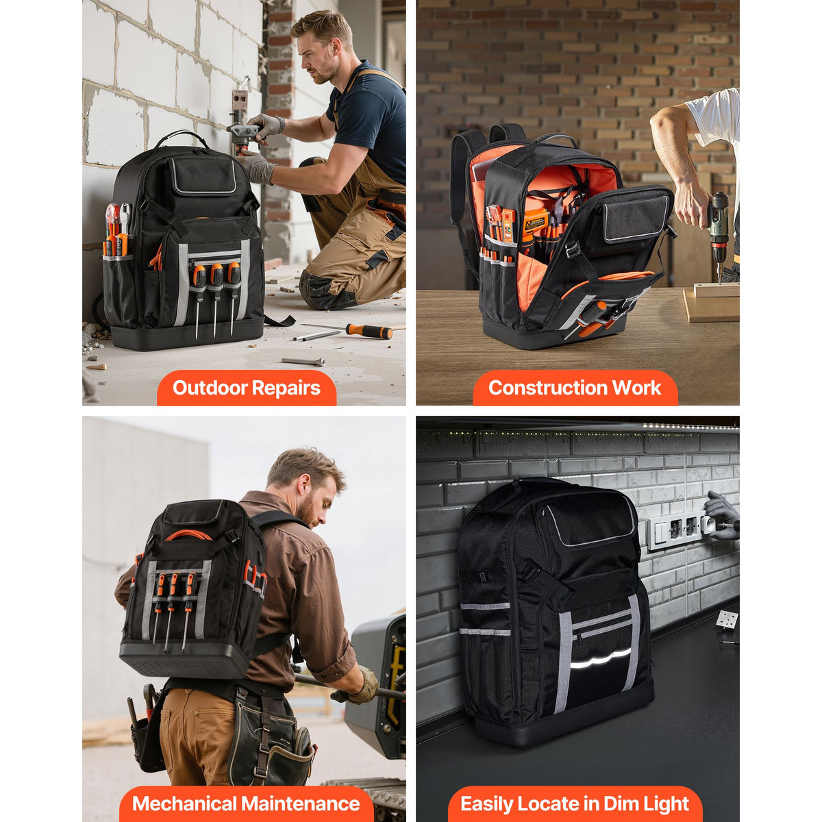 Tool Backpack, 56 Pockets, Heavy-duty Tools Storage Organizer Bags with Molded Base, Electrician Jobsite Backpack for Construction Jobsite, Electrician, Industrial, Repairman, and HVAC Techs