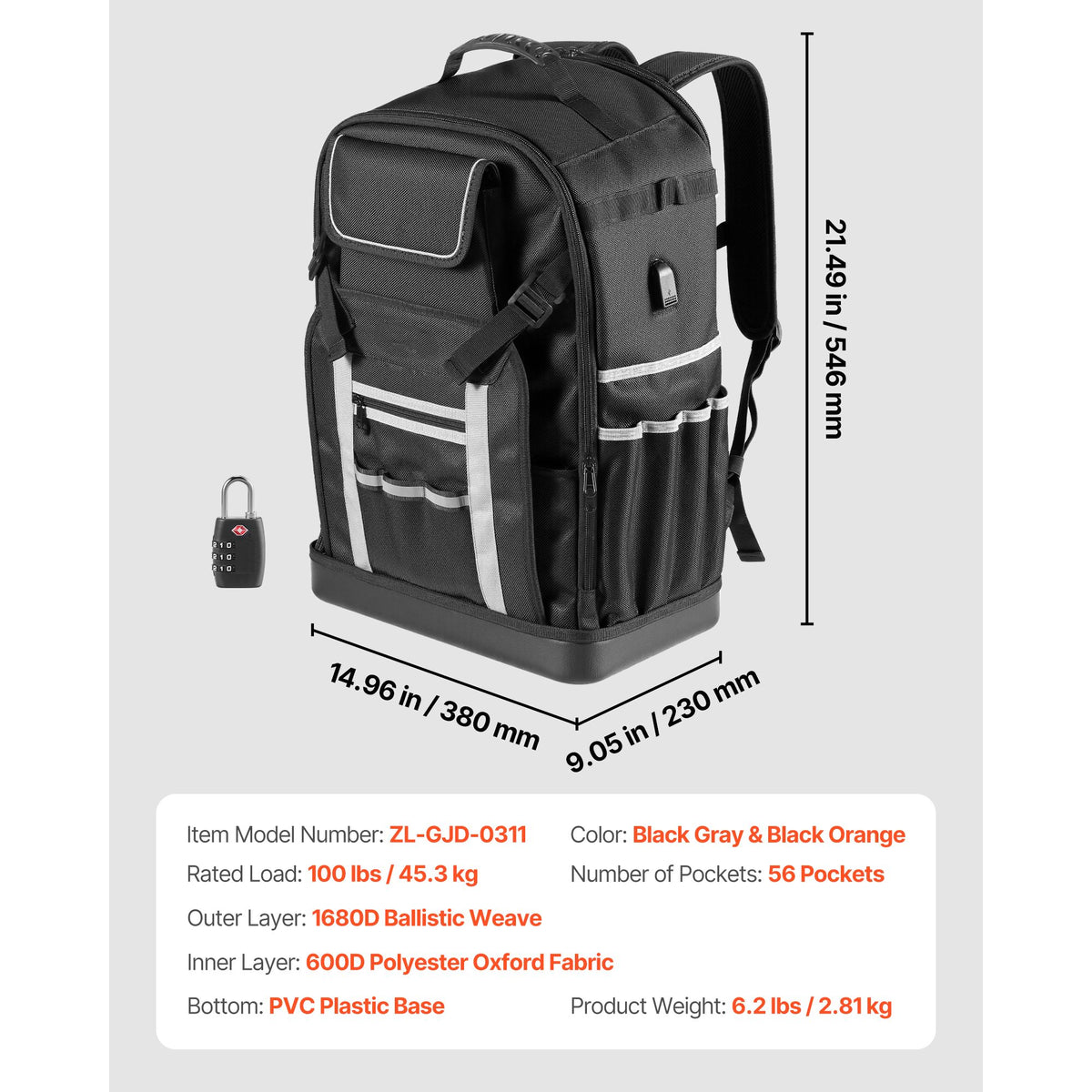 Tool Backpack, 56 Pockets, Heavy-duty Tools Storage Organizer Bags with Molded Base, Electrician Jobsite Backpack for Construction Jobsite, Electrician, Industrial, Repairman, and HVAC Techs