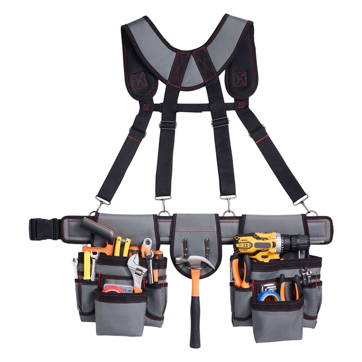 Tool Belt, 22 Pockets Tool Pouch with Suspenders for Men, Heavy Duty Adjustable Utility Belt Bag Suspenders for Electrician, Carpenter, Construction, Work Apron Organizer Waist Adjust 81-173 cm