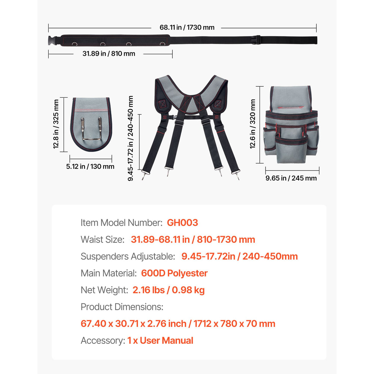 Tool Belt, 22 Pockets Tool Pouch with Suspenders for Men, Heavy Duty Adjustable Utility Belt Bag Suspenders for Electrician, Carpenter, Construction, Work Apron Organizer Waist Adjust 81-173 cm