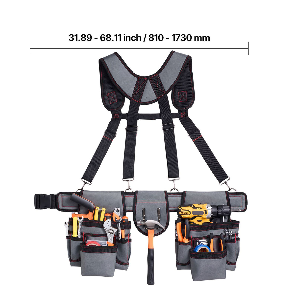 Tool Belt, 22 Pockets Tool Pouch with Suspenders for Men, Heavy Duty Adjustable Utility Belt Bag Suspenders for Electrician, Carpenter, Construction, Work Apron Organizer Waist Adjust 81-173 cm