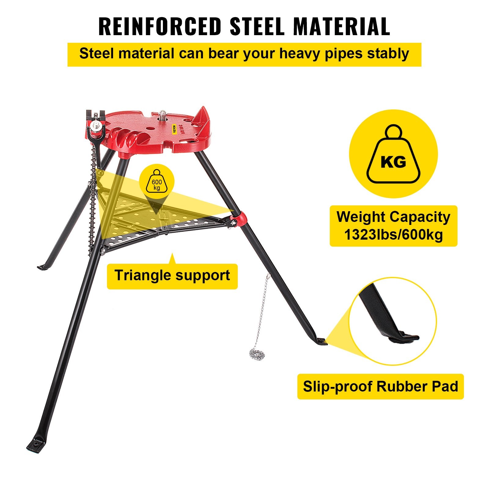 Camera Accessories: VEVOR Tripod Pipe Chain Vice Stand 1/8" to 6" w/ Steel Legs & Rubber Mounts Bib