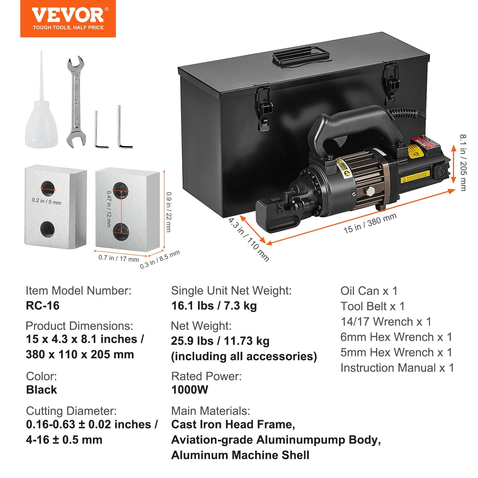 Rebar Cutters: VEVOR Electric Hydraulic Rebar Cutter, 1000W Portable Rebar Cutter, Cutting up to 5/8 Inch (4-16mm) #5 Rebar within 2 Seconds, High Power Steel Rebar Cutter with Oil Can Rich Accessories,Black RC-16