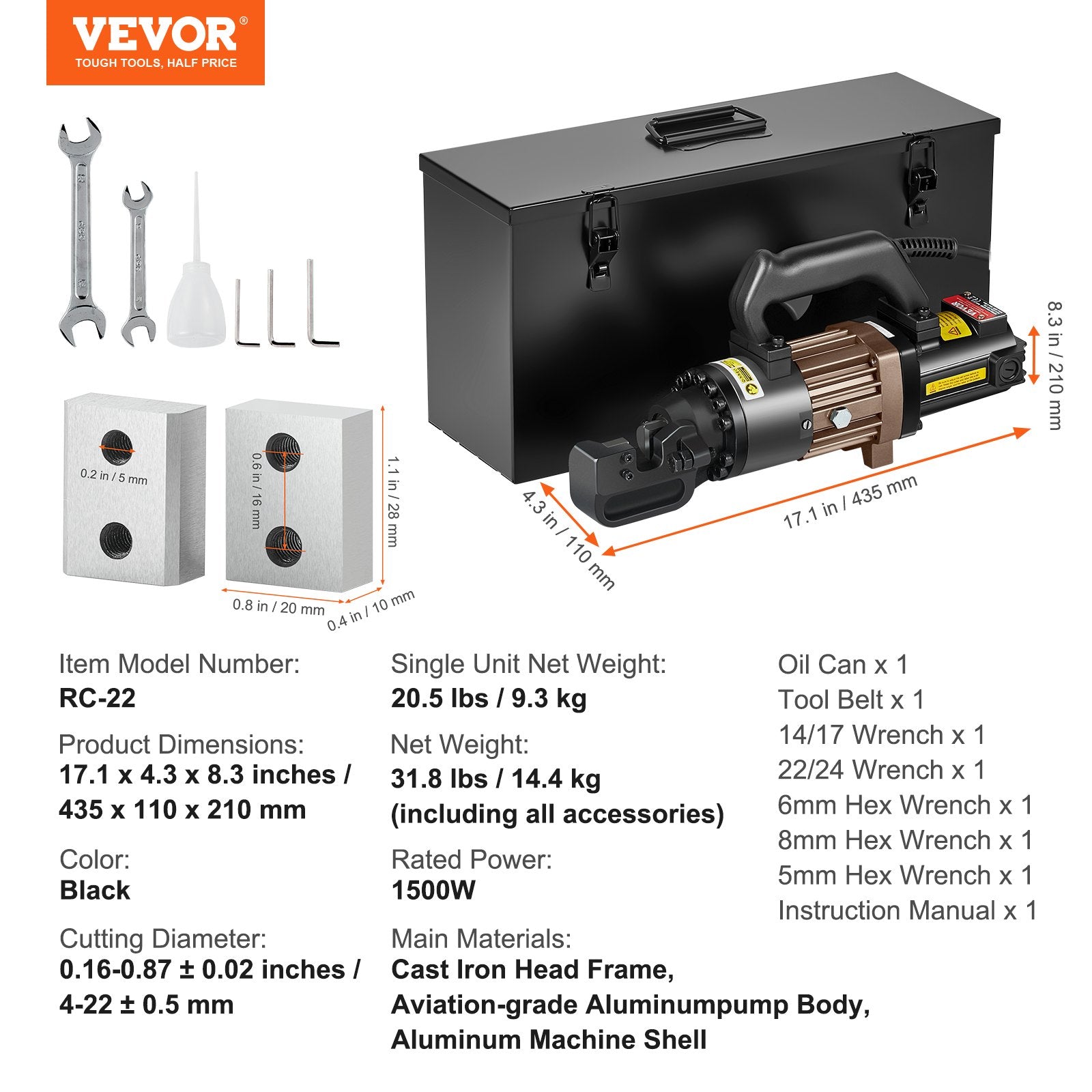 Chainsaws: VEVOR 1500W Electric Hydraulic Rebar Cutter Cutting up to 7/8 Inch #7 4-22mm