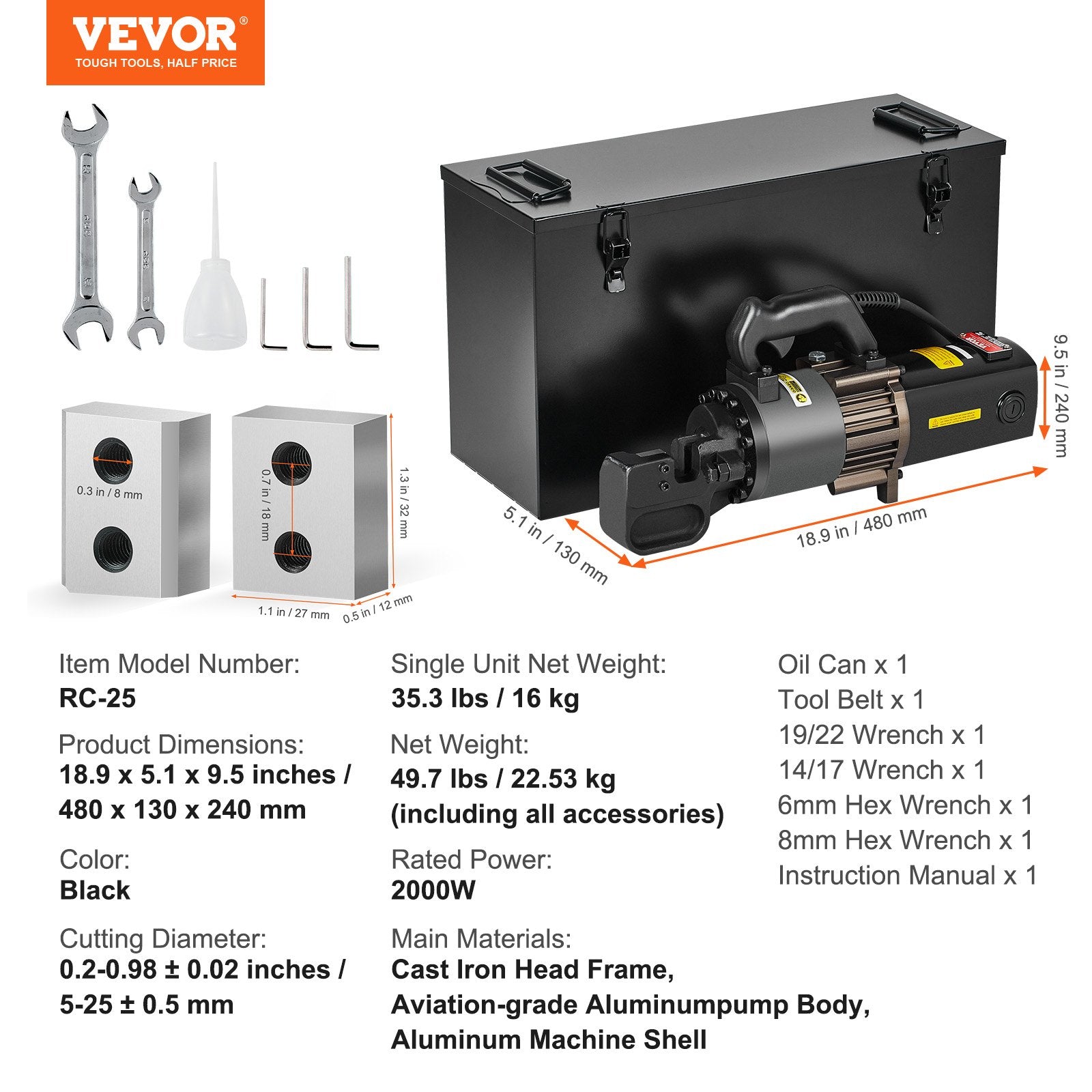 Chainsaws: VEVOR 2000W Electric Hydraulic Rebar Cutter Cutting up to 1 Inch #8 4-25mm