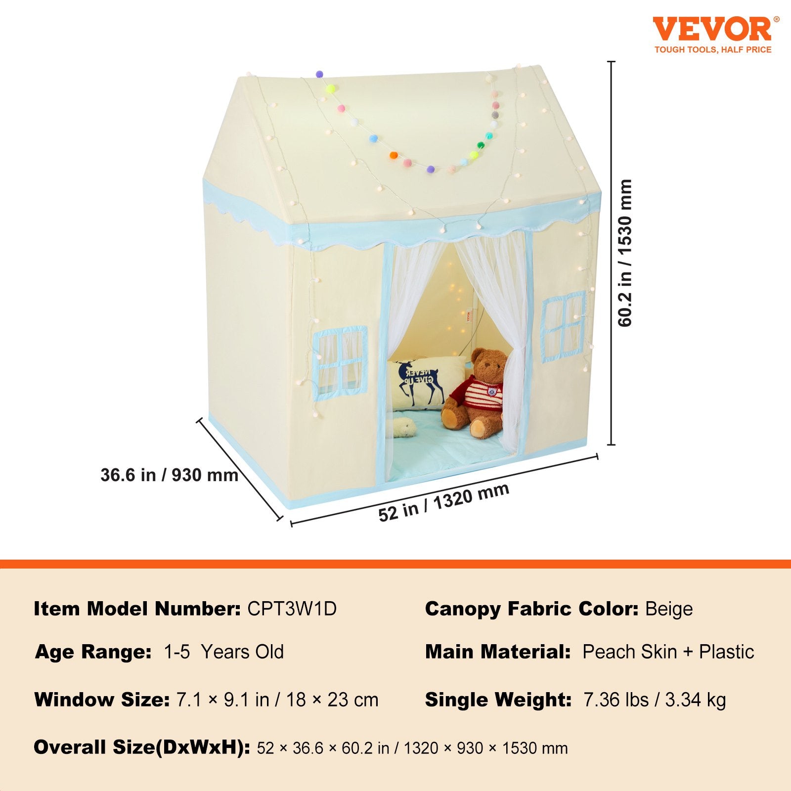 Pretend Play: VEVOR Kids Play Tent, Kids Tent for Kids 1-5 Years Old, Toddler Tent with Mat and Tent Lamp, Tent for Kids with Windows for Indoor and Outdoor, Play House Castle Tent for Boys and Girls, Beige