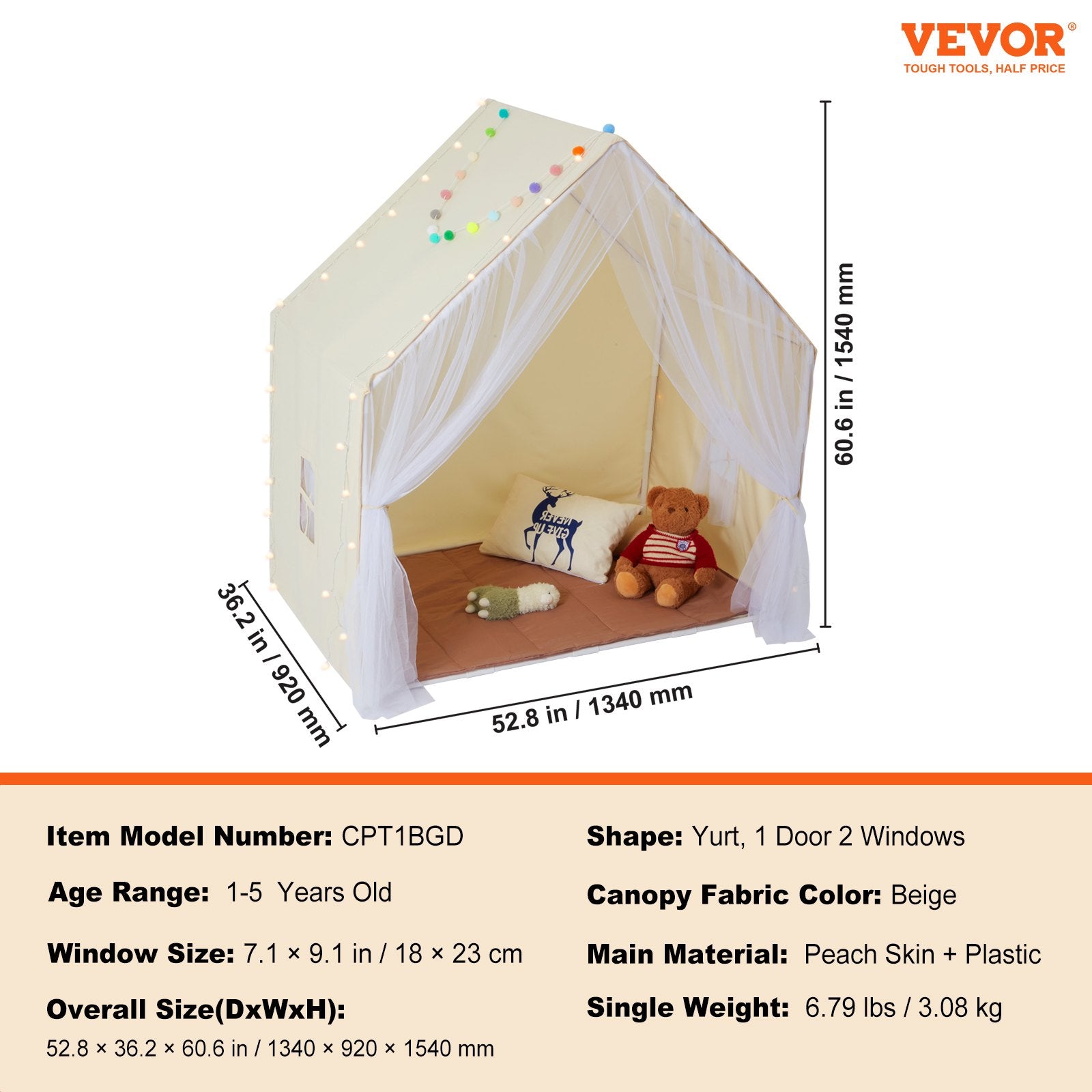 Tents: VEVOR Kids Play Tent, Kids Tent for Kids 1-5 Years Old, Toddler Tent with Mat and Tent Lamp, Tent for Kids with Windows for Indoor and Outdoor, Yurt Tent for Boys and Girls, Beige