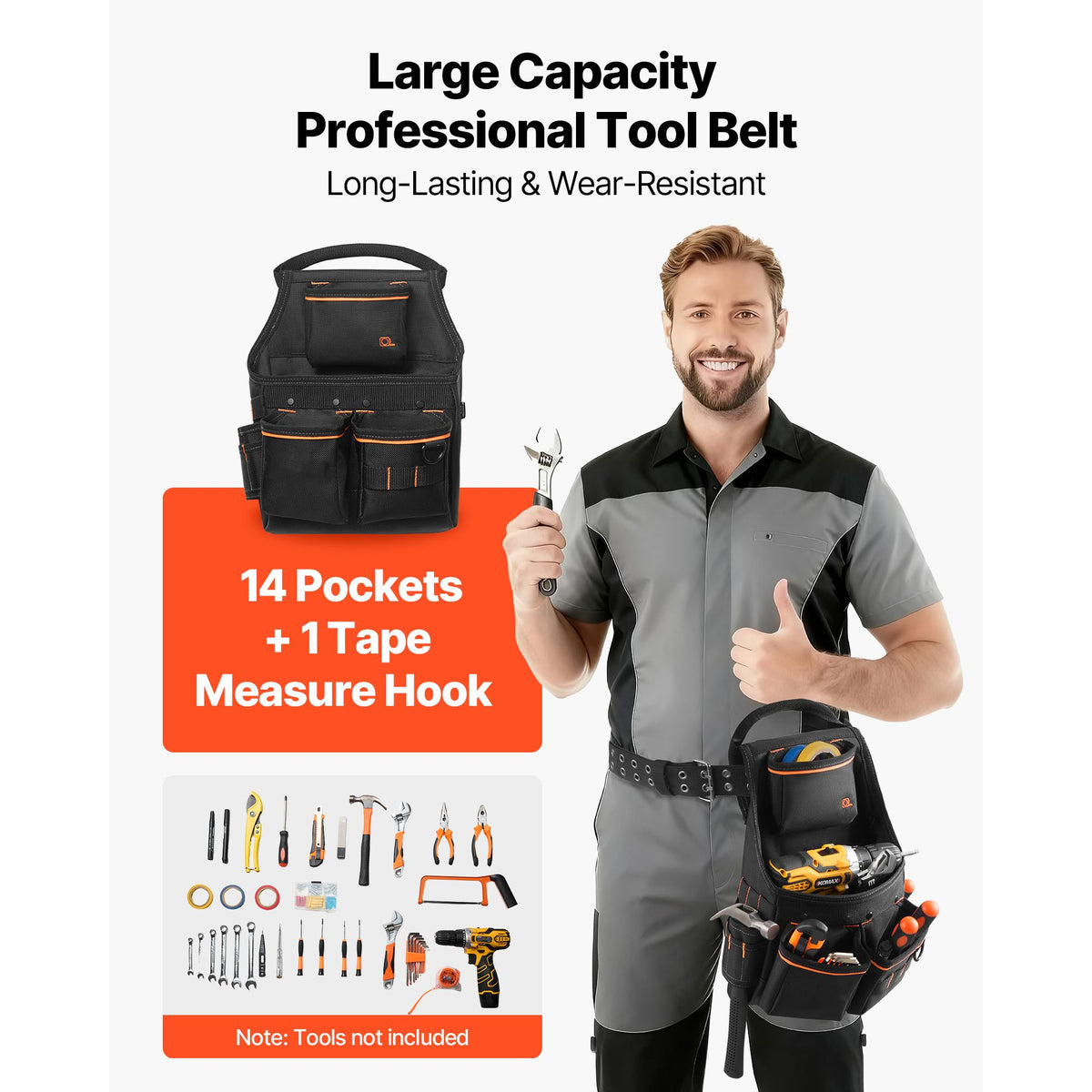 Tool Pouch with Belt, 14 Pockets Professional Tool Belt Pouch for Men, Heavy Duty Detachable Adjustable Utility Work Bag for Electrician, Carpenter, Construction, Adjusts Waist 83 cm to 127 cm