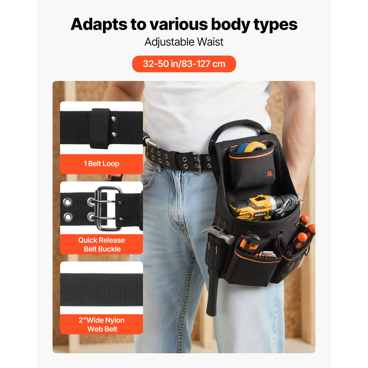 Tool Pouch with Belt, 14 Pockets Professional Tool Belt Pouch for Men, Heavy Duty Detachable Adjustable Utility Work Bag for Electrician, Carpenter, Construction, Adjusts Waist 83 cm to 127 cm