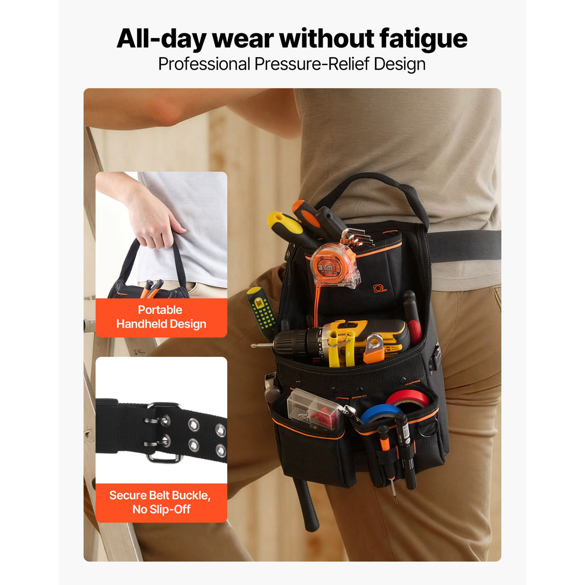 Tool Pouch with Belt, 14 Pockets Professional Tool Belt Pouch for Men, Heavy Duty Detachable Adjustable Utility Work Bag for Electrician, Carpenter, Construction, Adjusts Waist 83 cm to 127 cm