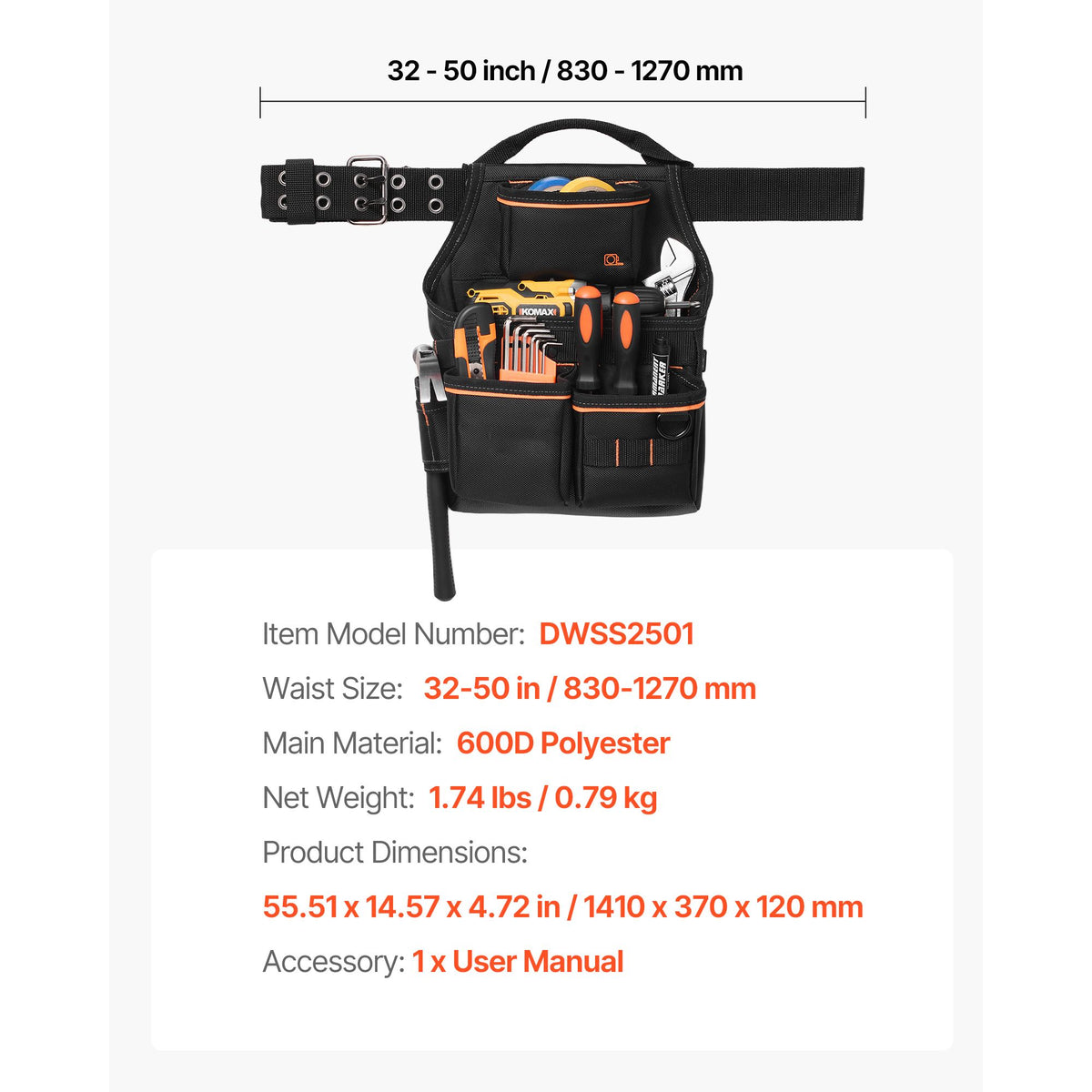 Tool Pouch with Belt, 14 Pockets Professional Tool Belt Pouch for Men, Heavy Duty Detachable Adjustable Utility Work Bag for Electrician, Carpenter, Construction, Adjusts Waist 83 cm to 127 cm