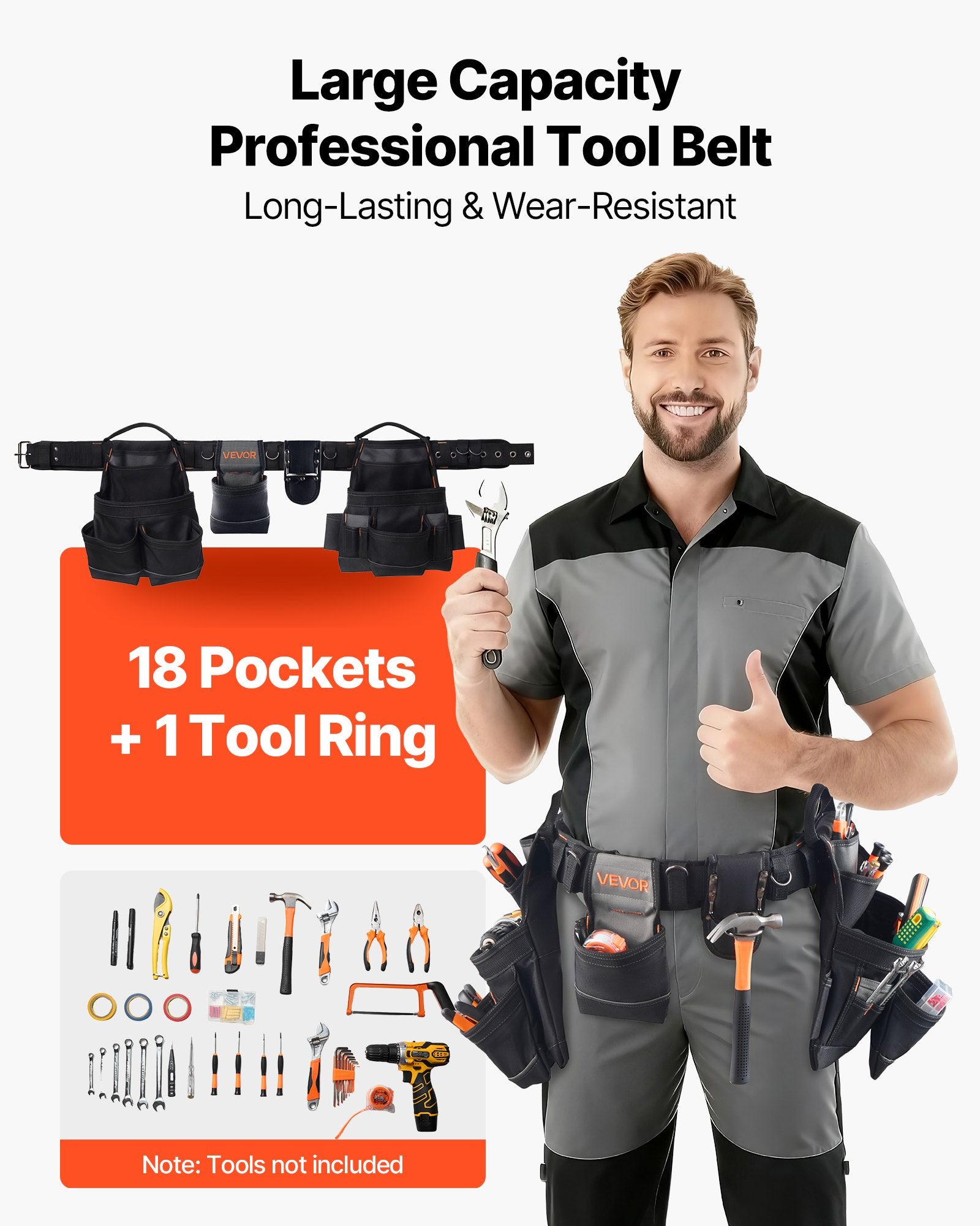 Tool Belt, 18 Pockets Professional Tool Pouch for Men, Heavy Duty Adjustable Utility Belt Detachable Work Bag for Electrician, Carpenter, Construction, Work Apron Organizer, Adjusts 80-131 cm