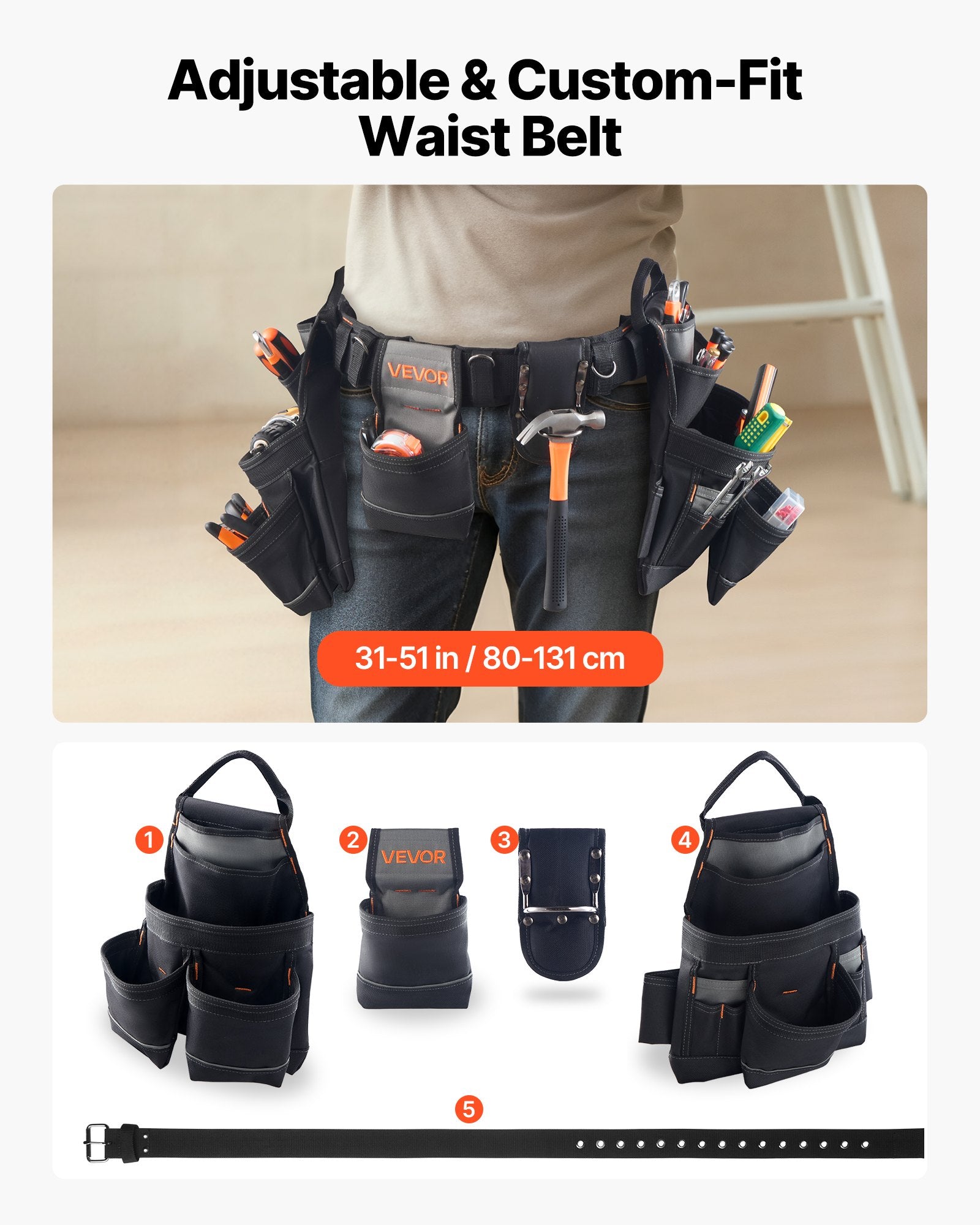 Tool Belt, 18 Pockets Professional Tool Pouch for Men, Heavy Duty Adjustable Utility Belt Detachable Work Bag for Electrician, Carpenter, Construction, Work Apron Organizer, Adjusts 80-131 cm