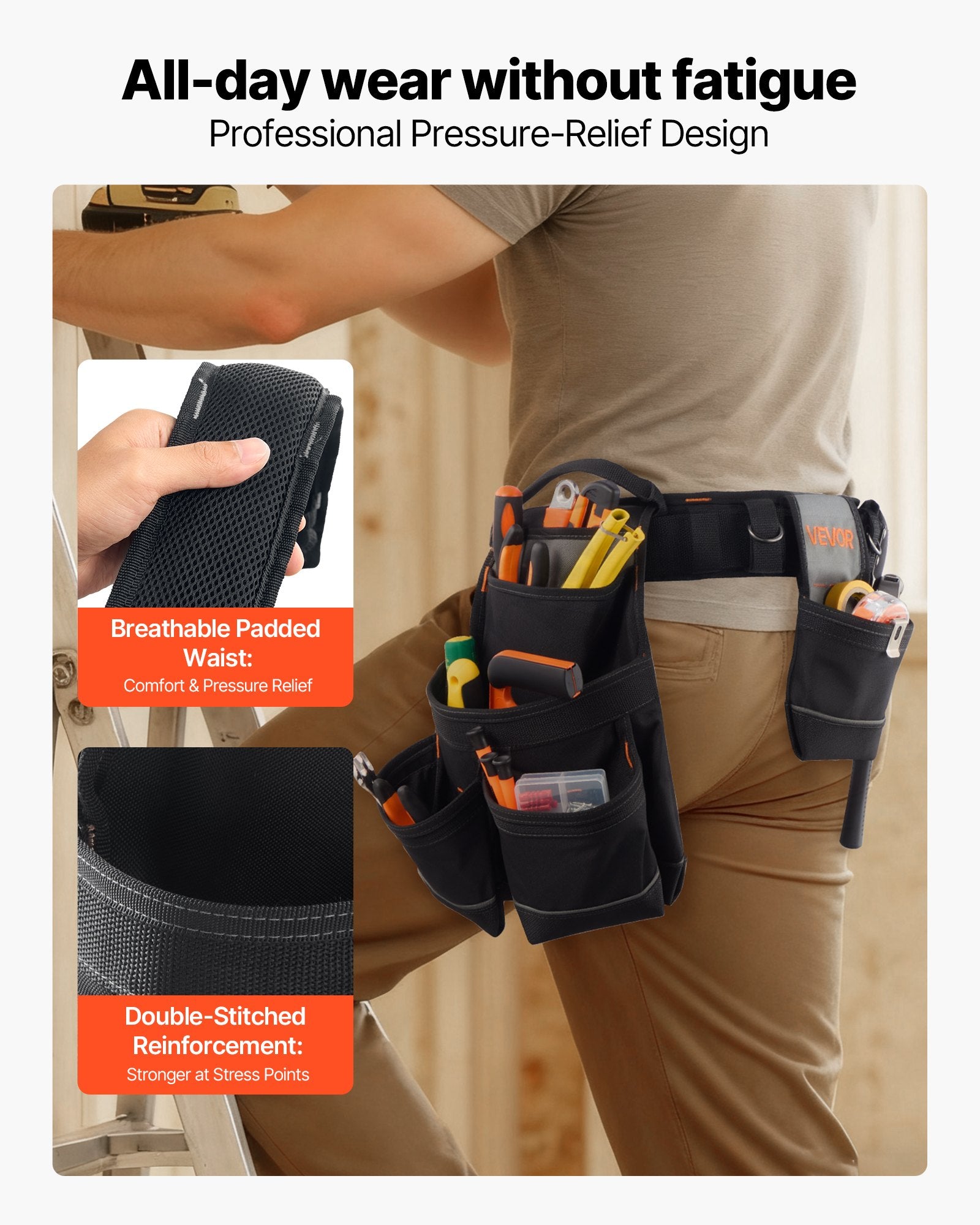 Tool Belt, 18 Pockets Professional Tool Pouch for Men, Heavy Duty Adjustable Utility Belt Detachable Work Bag for Electrician, Carpenter, Construction, Work Apron Organizer, Adjusts 80-131 cm