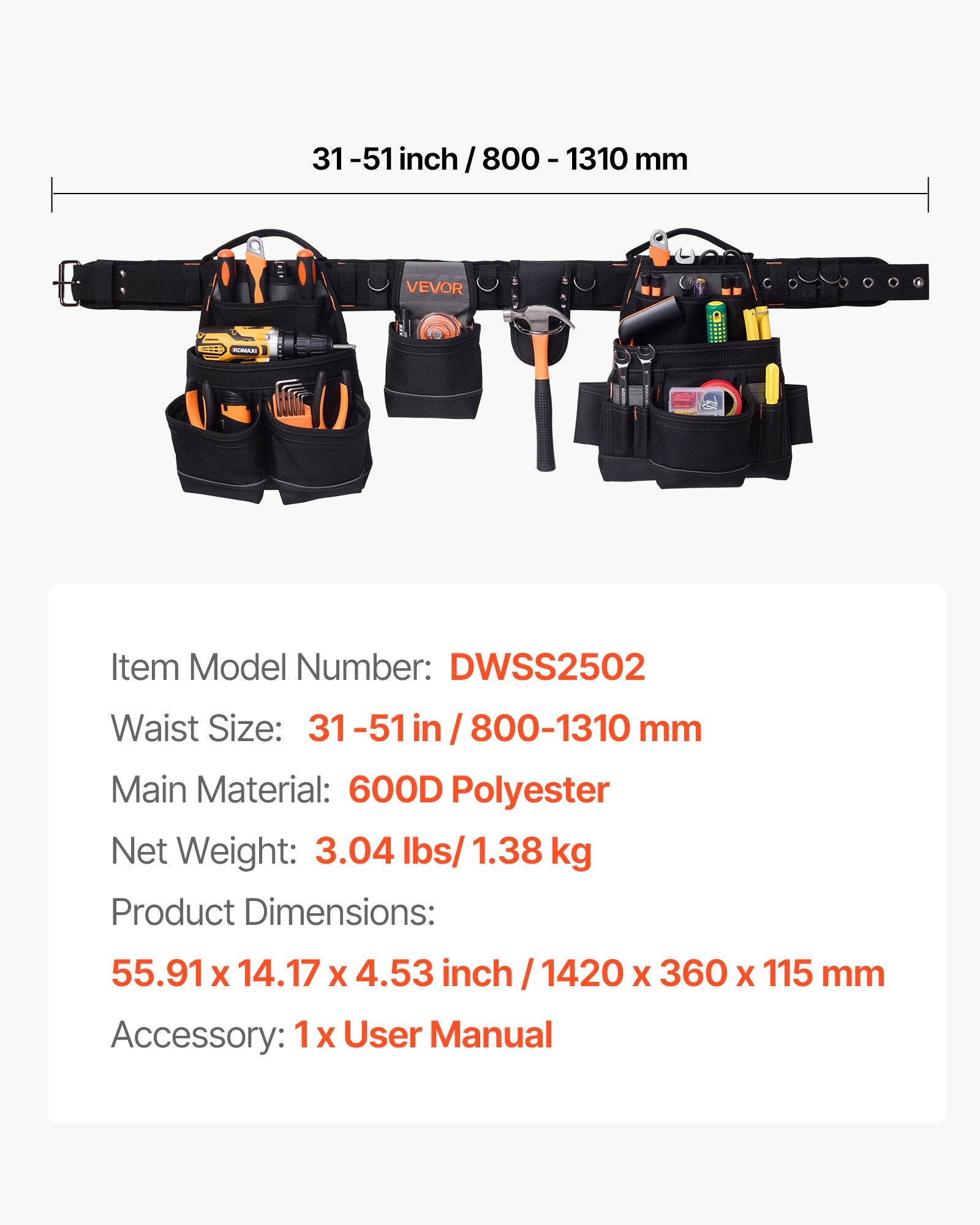 Tool Belt, 18 Pockets Professional Tool Pouch for Men, Heavy Duty Adjustable Utility Belt Detachable Work Bag for Electrician, Carpenter, Construction, Work Apron Organizer, Adjusts 80-131 cm