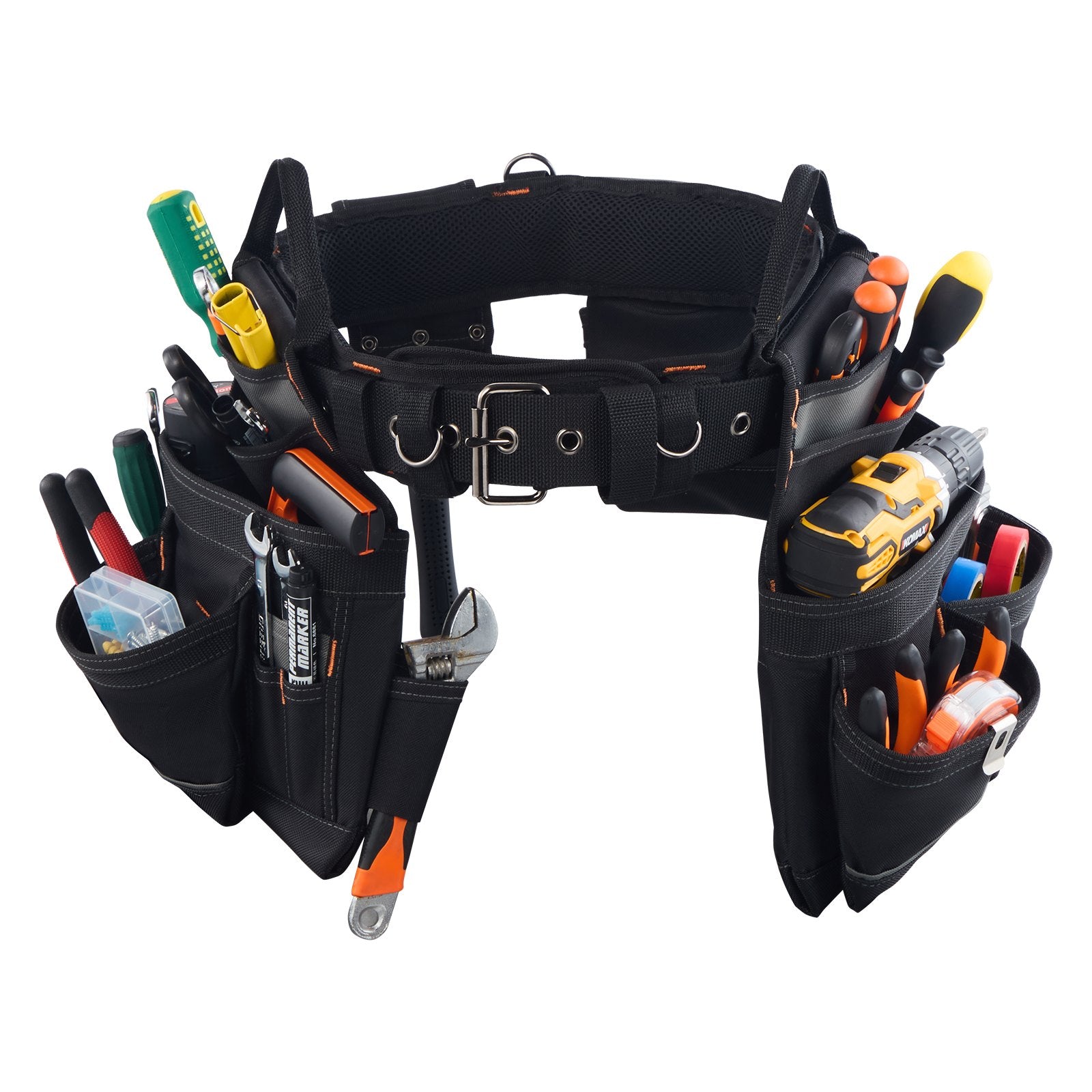 Tool Belt, 18 Pockets Professional Tool Pouch for Men, Heavy Duty Adjustable Utility Belt Detachable Work Bag for Electrician, Carpenter, Construction, Work Apron Organizer, Adjusts 80-131 cm