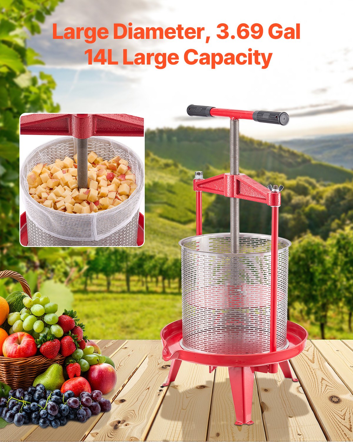 Gardening Tools: VEVOR 3.69 Gal/14L Fruit Wine Press, Stainless Steel Basket with Cross-beam and Triangular Structure, Manual Juice Maker, Cider Apple Grape Tincture Making Press with T-Handle for Kitchen Home