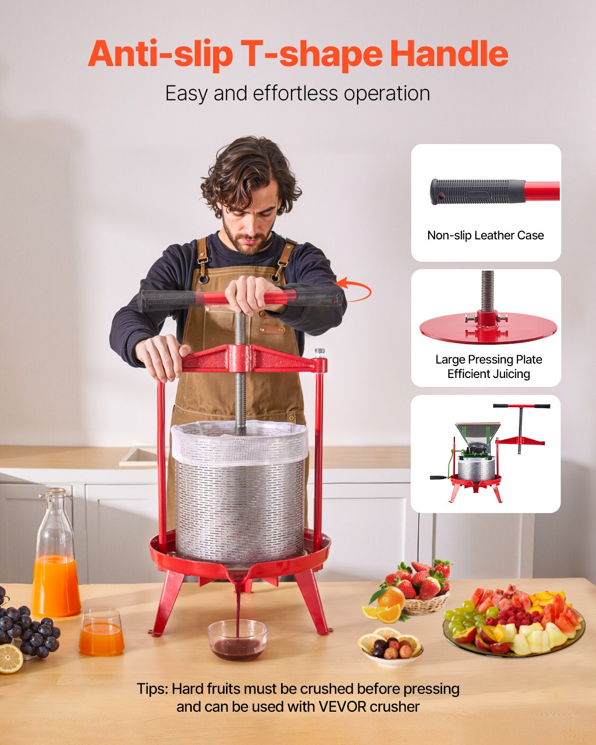 Gardening Tools: VEVOR 3.69 Gal/14L Fruit Wine Press, Stainless Steel Basket with Cross-beam and Triangular Structure, Manual Juice Maker, Cider Apple Grape Tincture Making Press with T-Handle for Kitchen Home