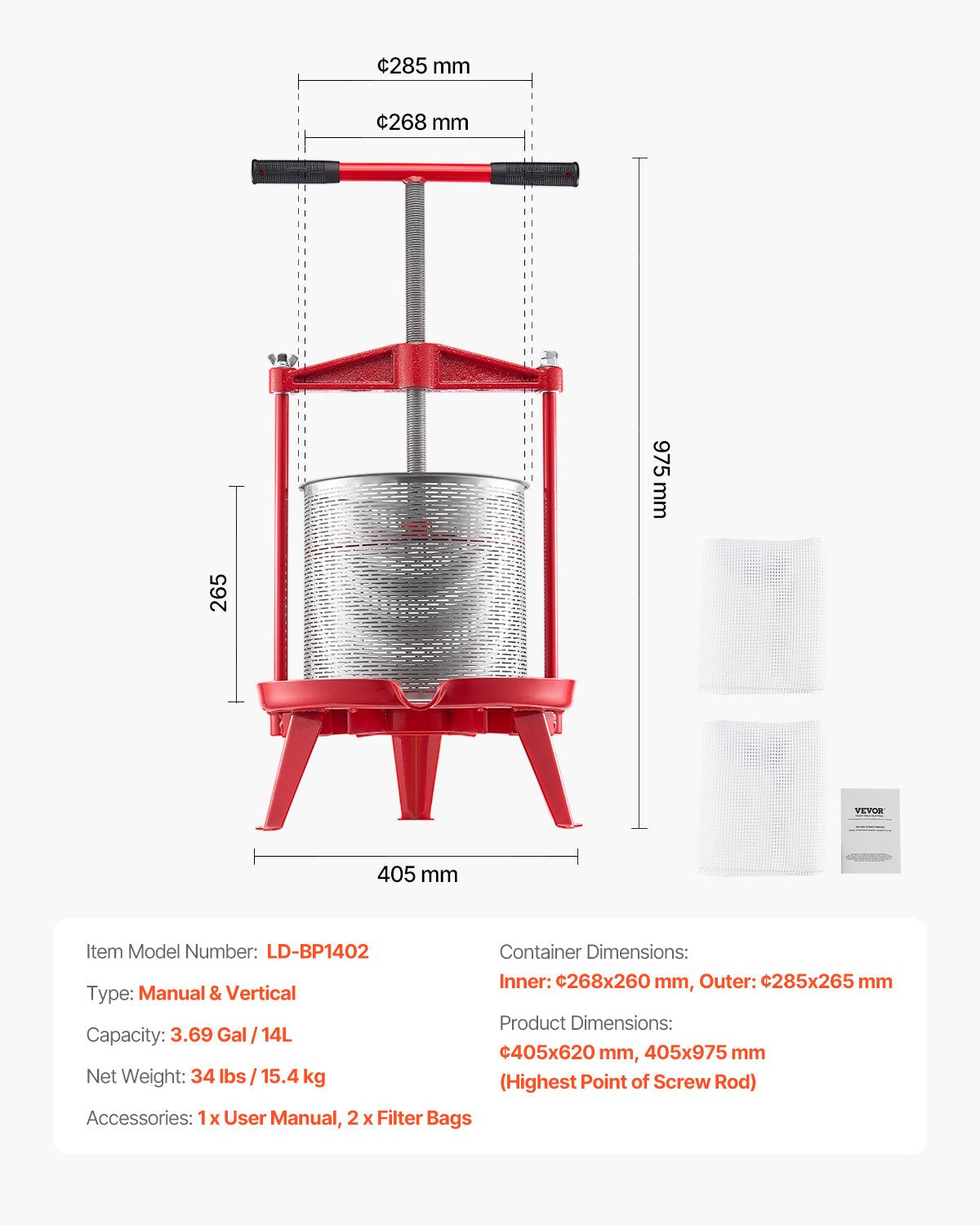 Gardening Tools: VEVOR 3.69 Gal/14L Fruit Wine Press, Stainless Steel Basket with Cross-beam and Triangular Structure, Manual Juice Maker, Cider Apple Grape Tincture Making Press with T-Handle for Kitchen Home