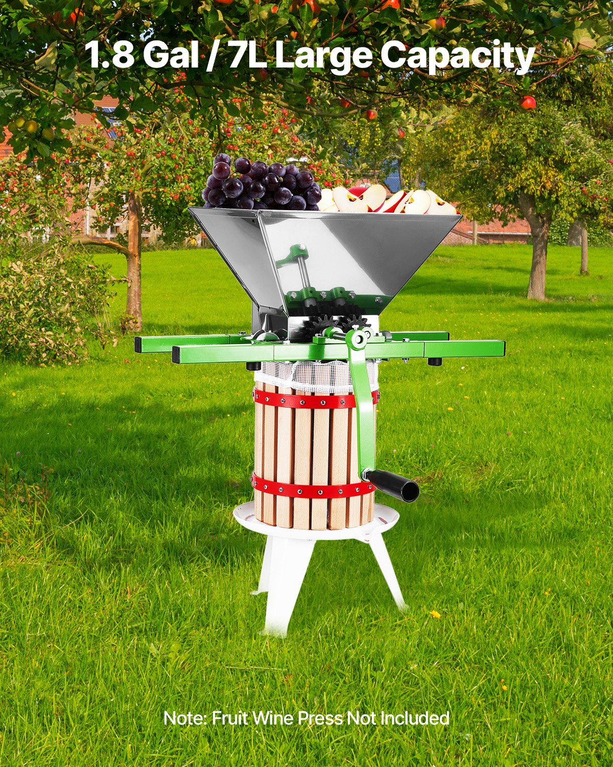 Gardening Tools: VEVOR 1.8 Gal/7L Fruit and Apple Crusher, Large Manual Grinder, Stainless Steel Fruit Scratter Pulper for Wine Cider Apple Grape Pressing, with Roller Handle for Kitchen Home, Green