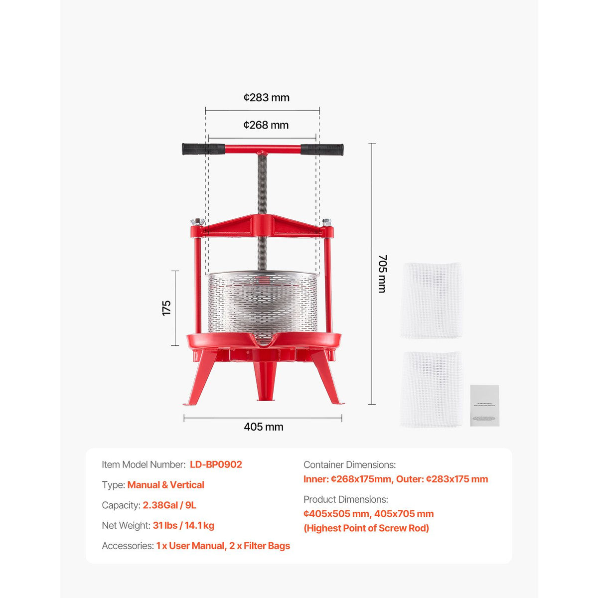 2.38 Gal/9L Fruit Wine Press, Stainless Steel Basket with Cross-beam and Triangular Structure, Manual Juice Maker, Cider Apple Grape Tincture Making Press with T-Handle for Kitchen Home